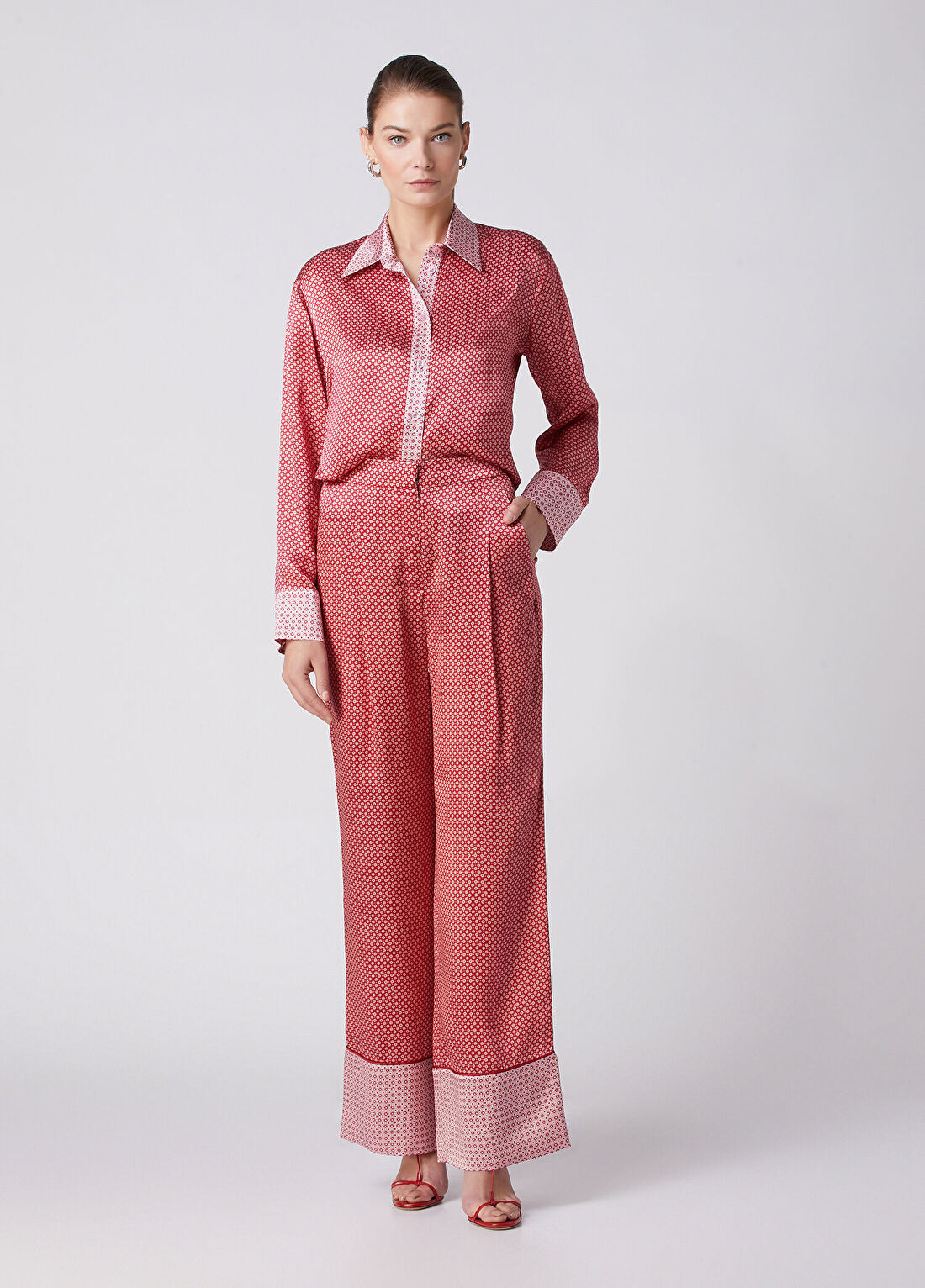 Beymen Collection Vişne Desenli Wide Leg İpek Pantolon