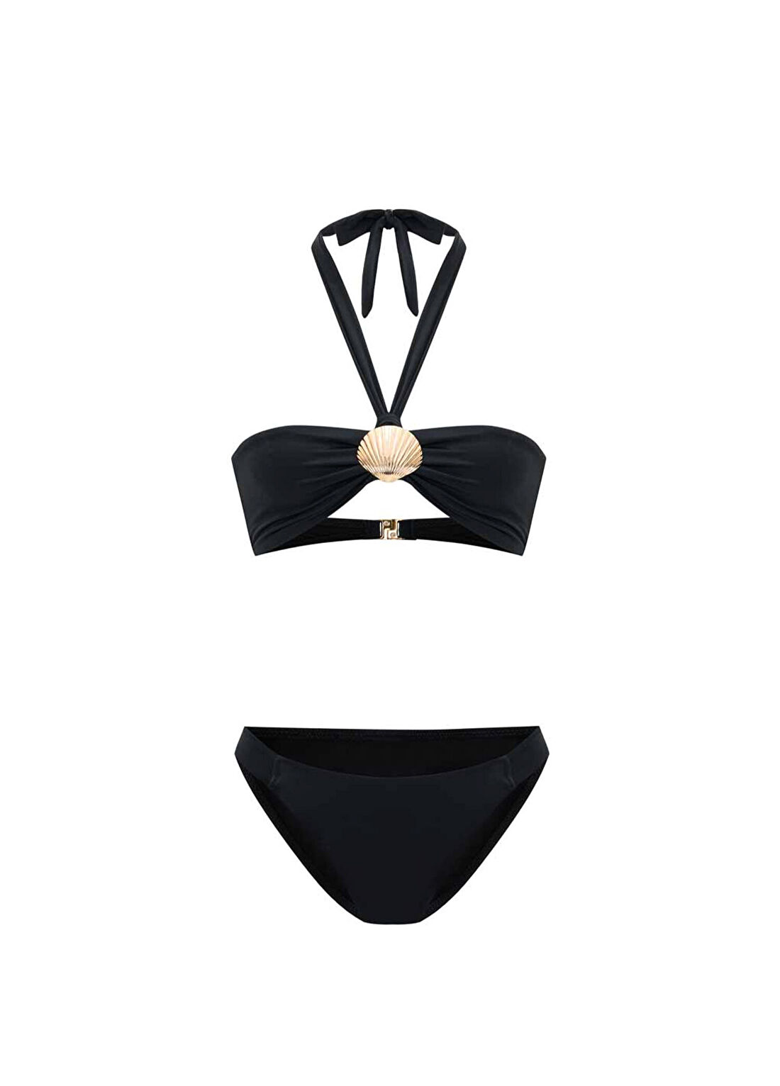 Bia Swimwear Nerisse Black Altın Deniz Kabuğu Aksesuarlı Boyundan Bağlamalı Kadın Bikini Takımı