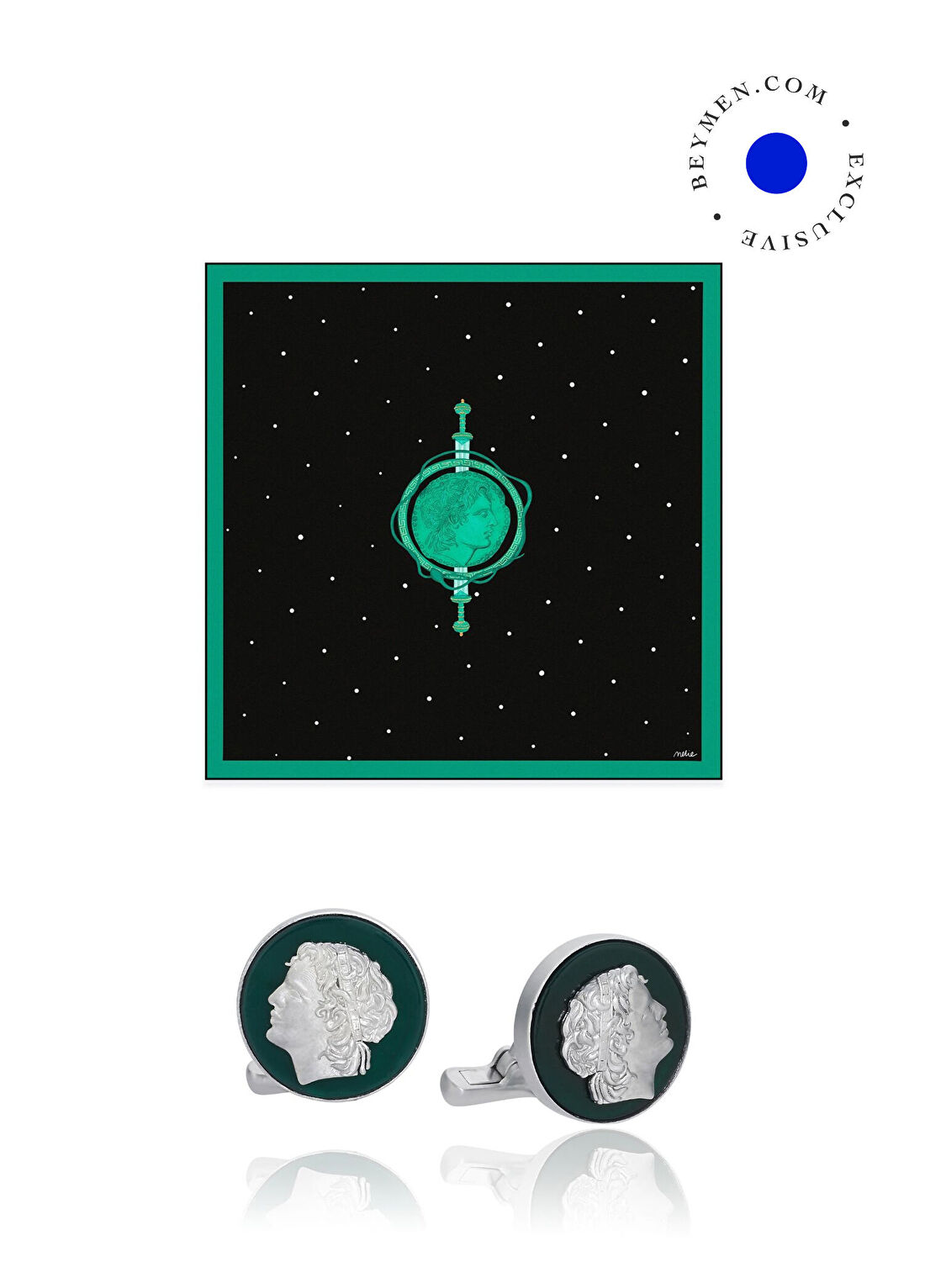 Melie Jewelry Marcus Yeşil Akik Kol Düğmesi Mini Erkek Hediye Seti