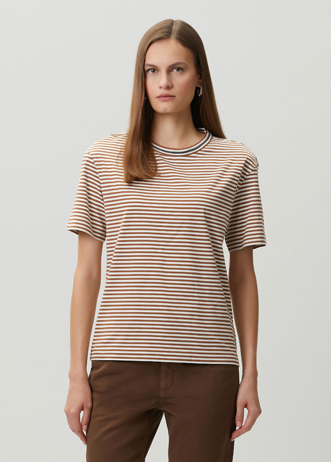 Brunello Cucinelli Kahve Beyaz Çizgili T-shirt