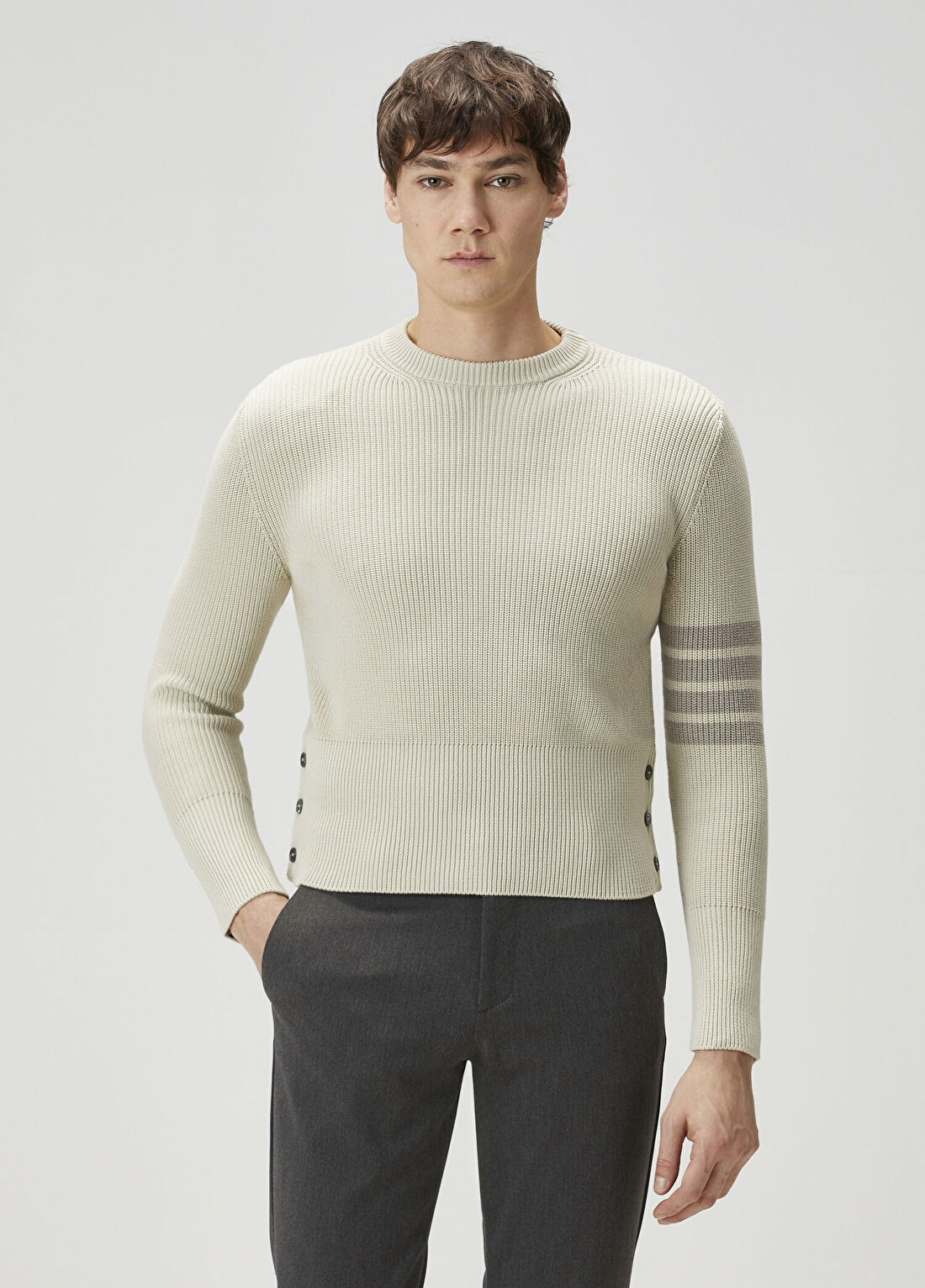 Thom Browne Bej Şerit Jakarlı Kazak