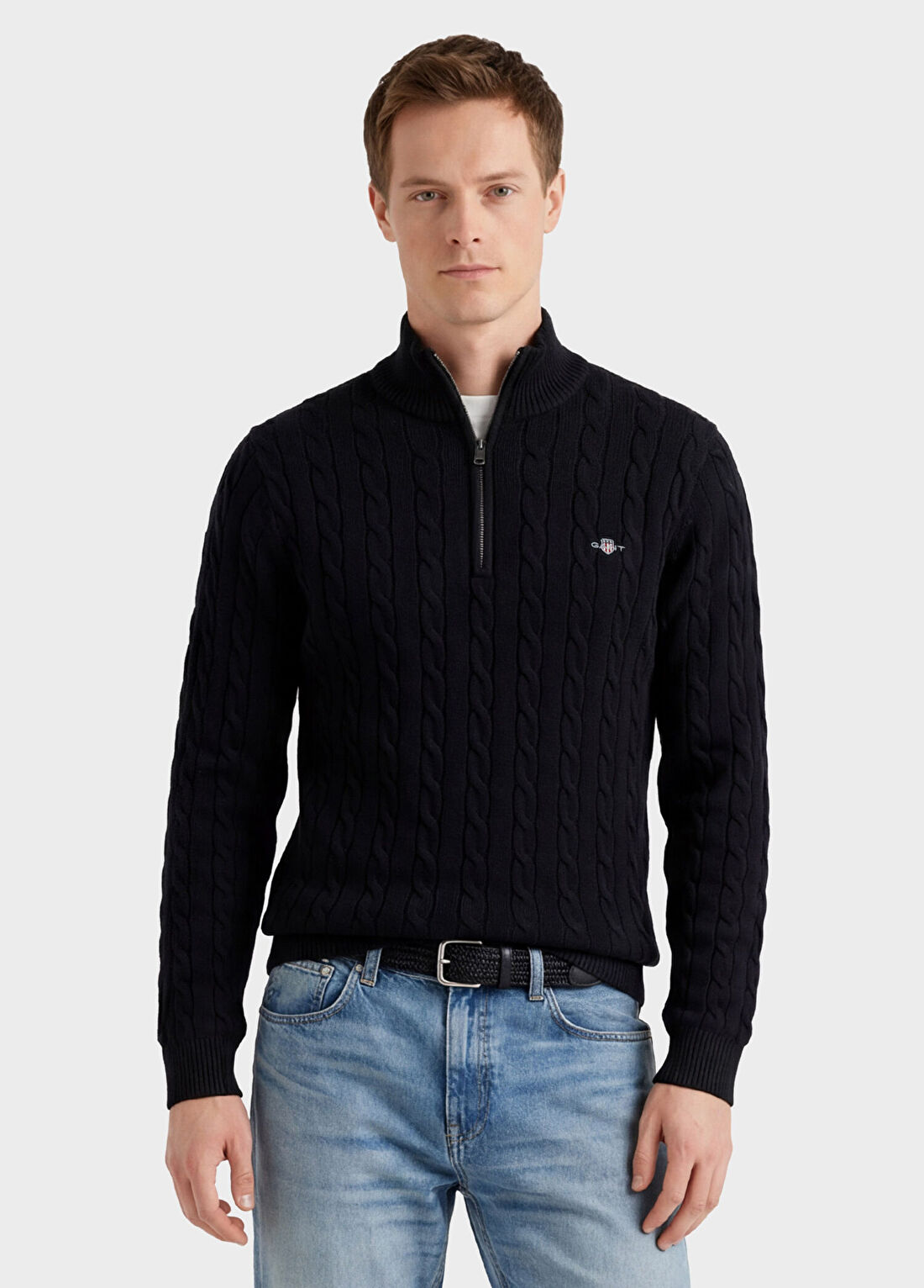 Gant Siyah Yarım Fermuarlı Regular Fit Erkek Örgü Kazak görsel 3