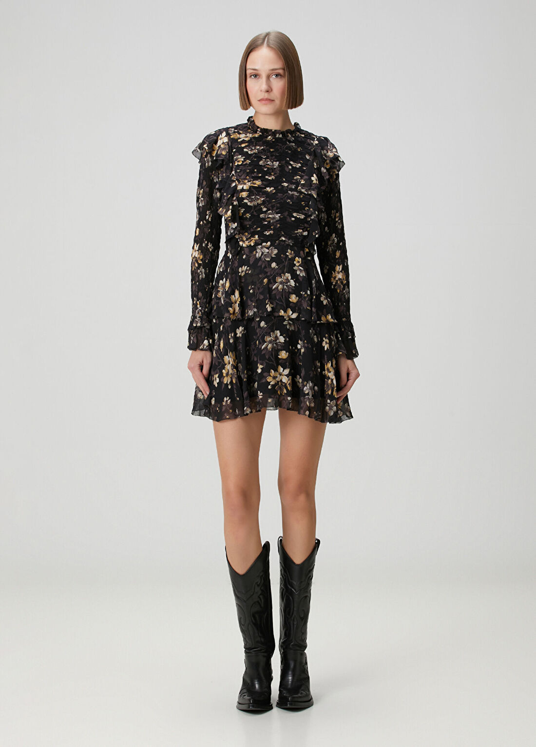 AllSaints Portia Siyah Çiçekli Mini Elbise görsel 3