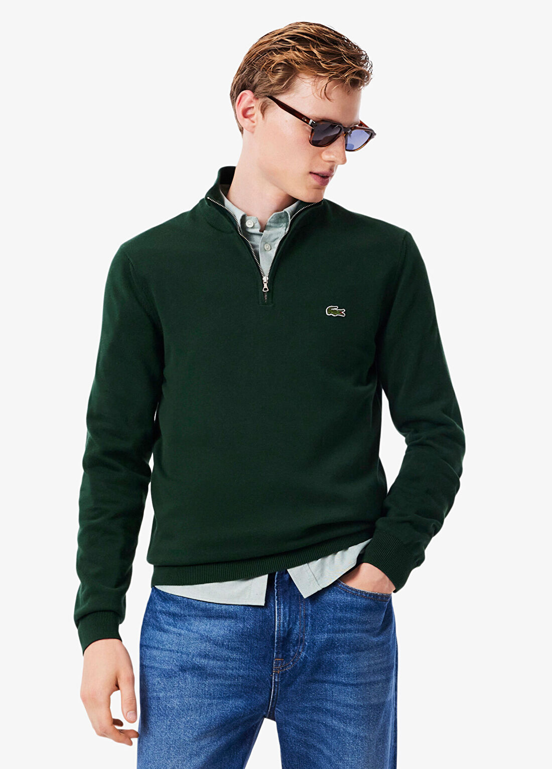 Lacoste Koyu Yeşil Organik Pamuk Yarım Fermuarlı Regular Fit Erkek Kazak