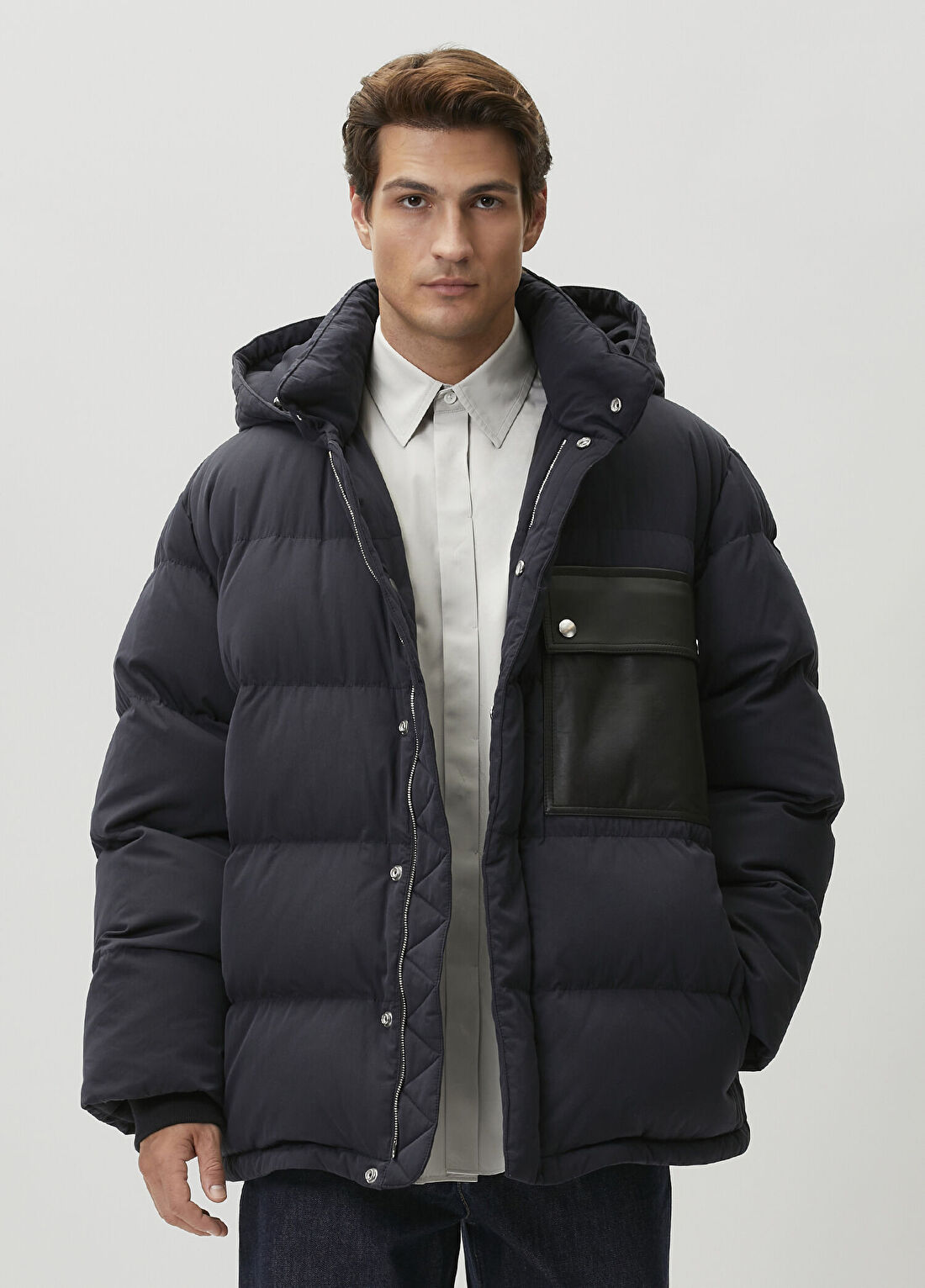 Bottega Veneta Lacivert Kapüşonlu Puff Mont