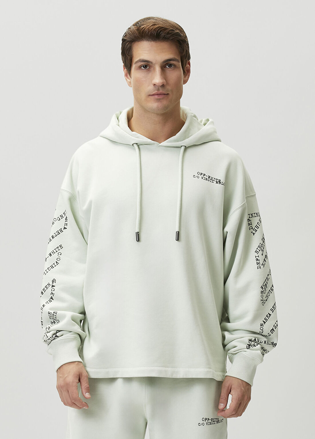Off-White Açık Yeşil Kapüşonlu Logo Baskılı Sweatshirt