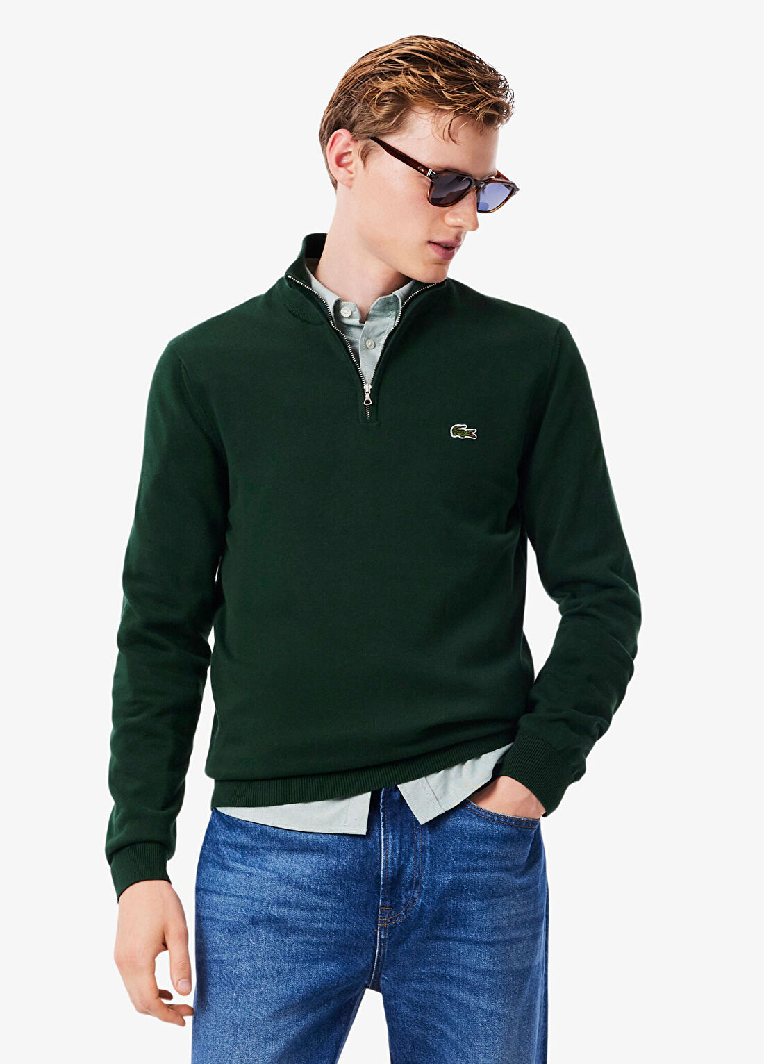 Lacoste Koyu Yeşil Organik Pamuk Yarım Fermuarlı Regular Fit Erkek Kazak