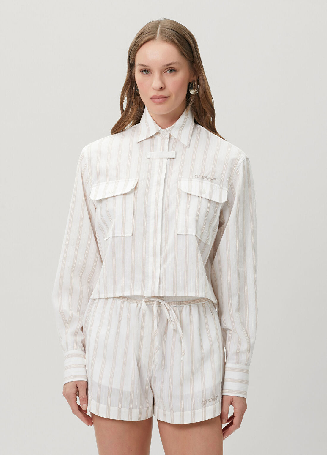 Off-White Ekru Çizgi Desenli Gömlek