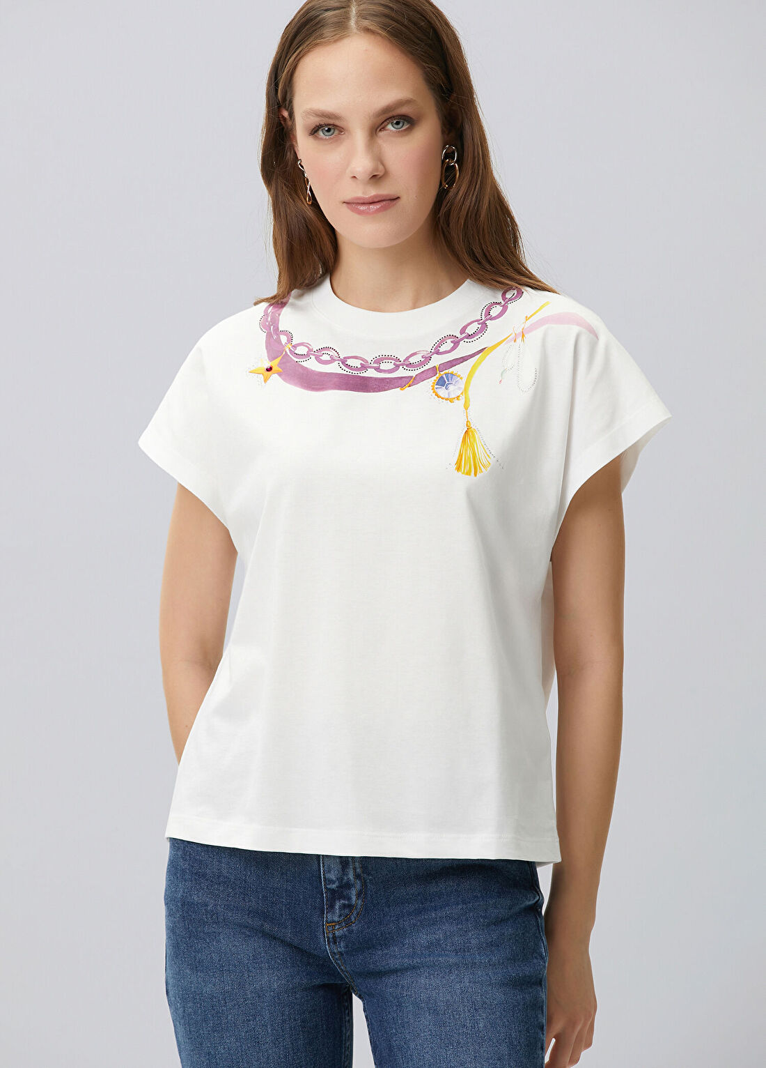 Network Kırık Beyaz Yaka Baskı Detaylı T-shirt görsel 4