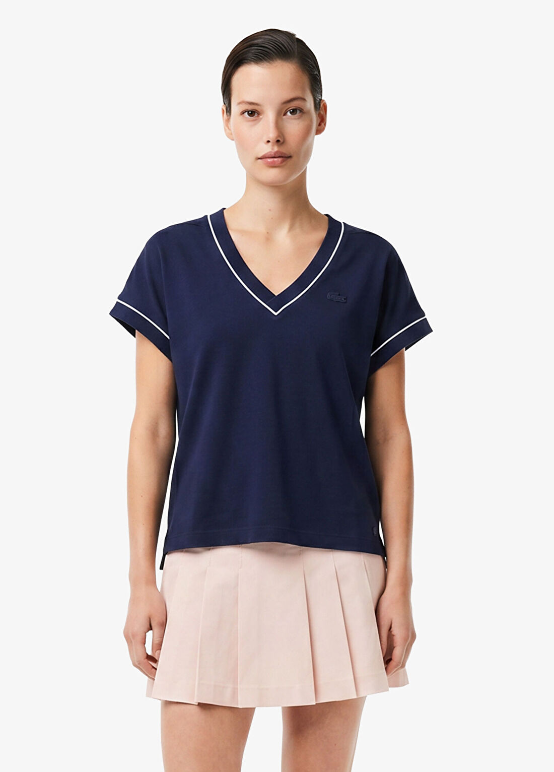 Lacoste Lacivert V Yaka Loose Fit Kısa Kollu Kadın T-Shirt