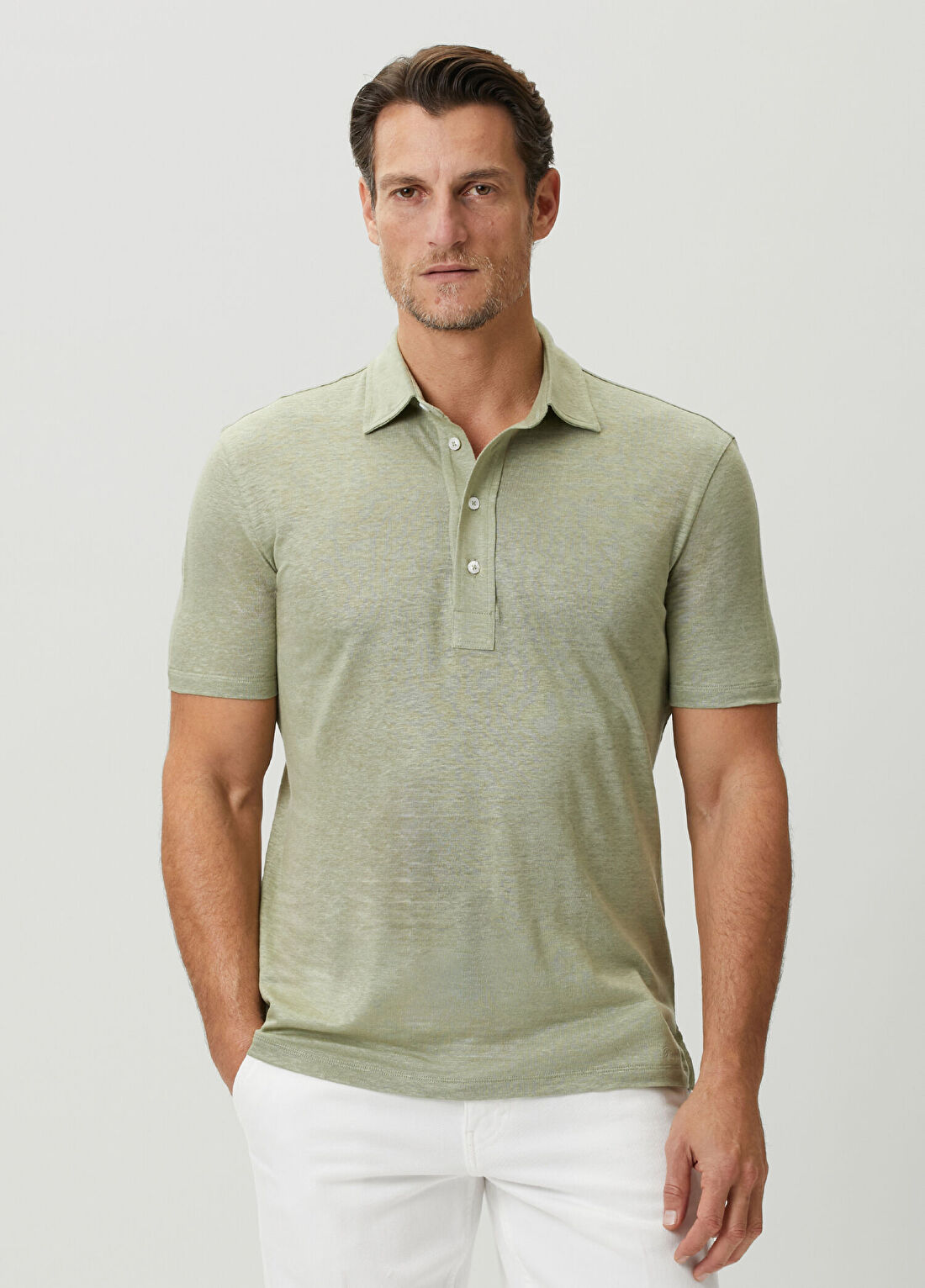 Ralph Lauren Purple Label Yeşil Polo Yaka Kısa Kollu Keten Triko