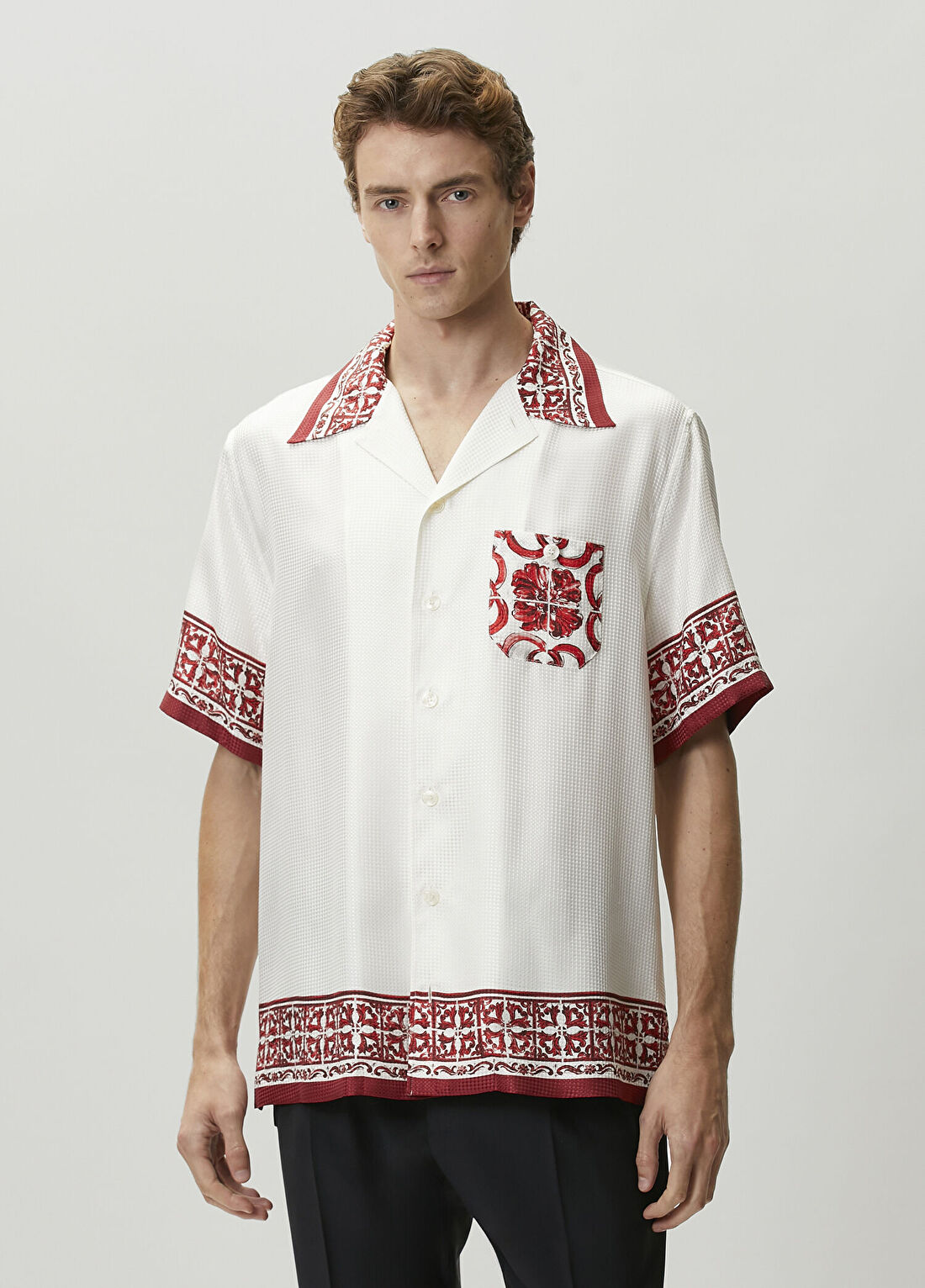 Dolce&Gabbana Kırmızı Majolica Desenli Kısa Kollu Gömlek