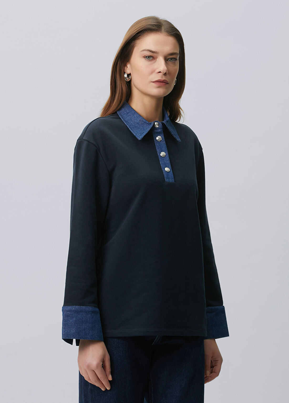 Beymen Collection Lacivert Denim Garnili Polo Sweatshirt görsel 4