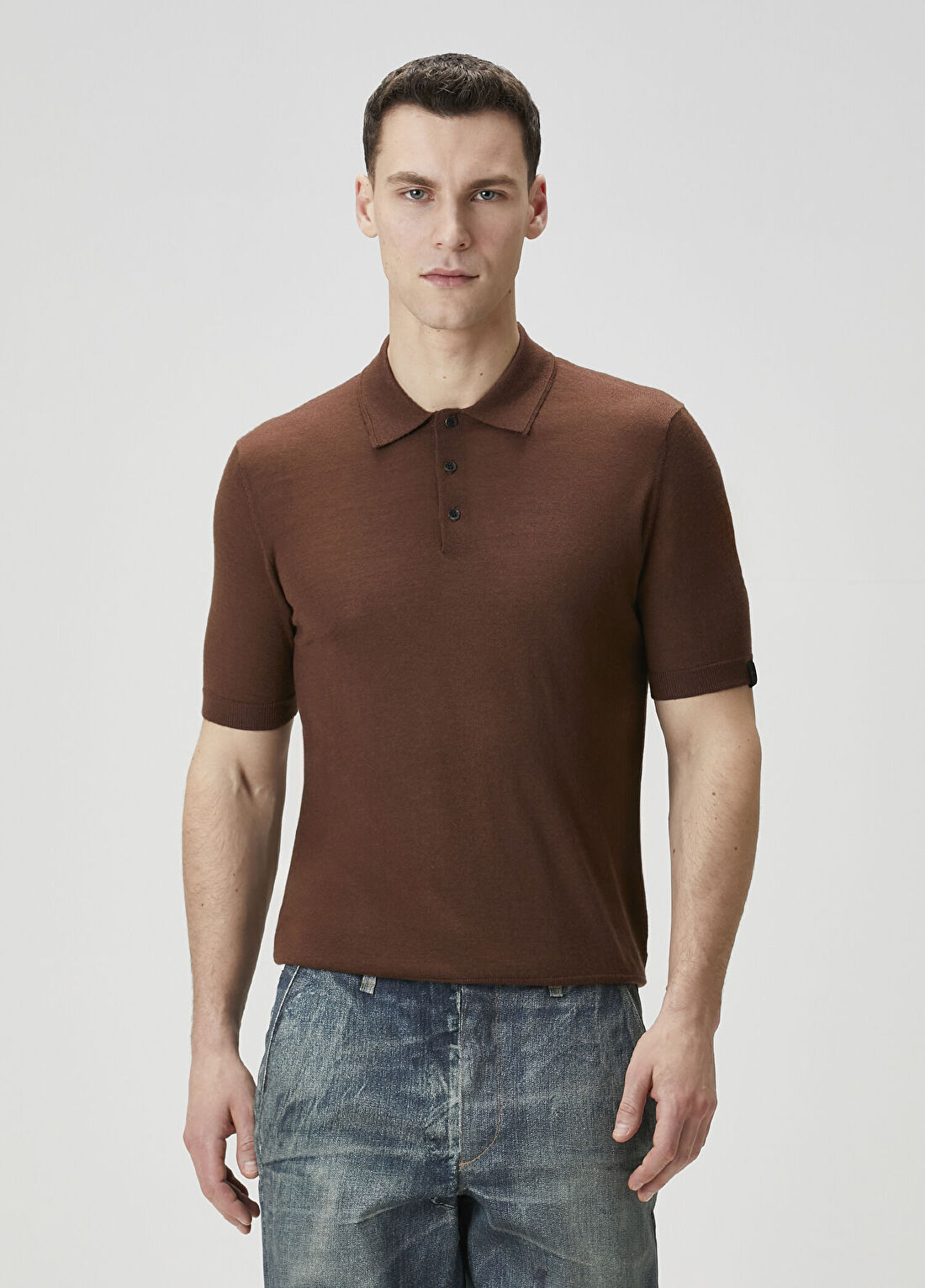 Rag&Bone Kahverengi Polo Yaka Kısa Kollu Kaşmir Triko