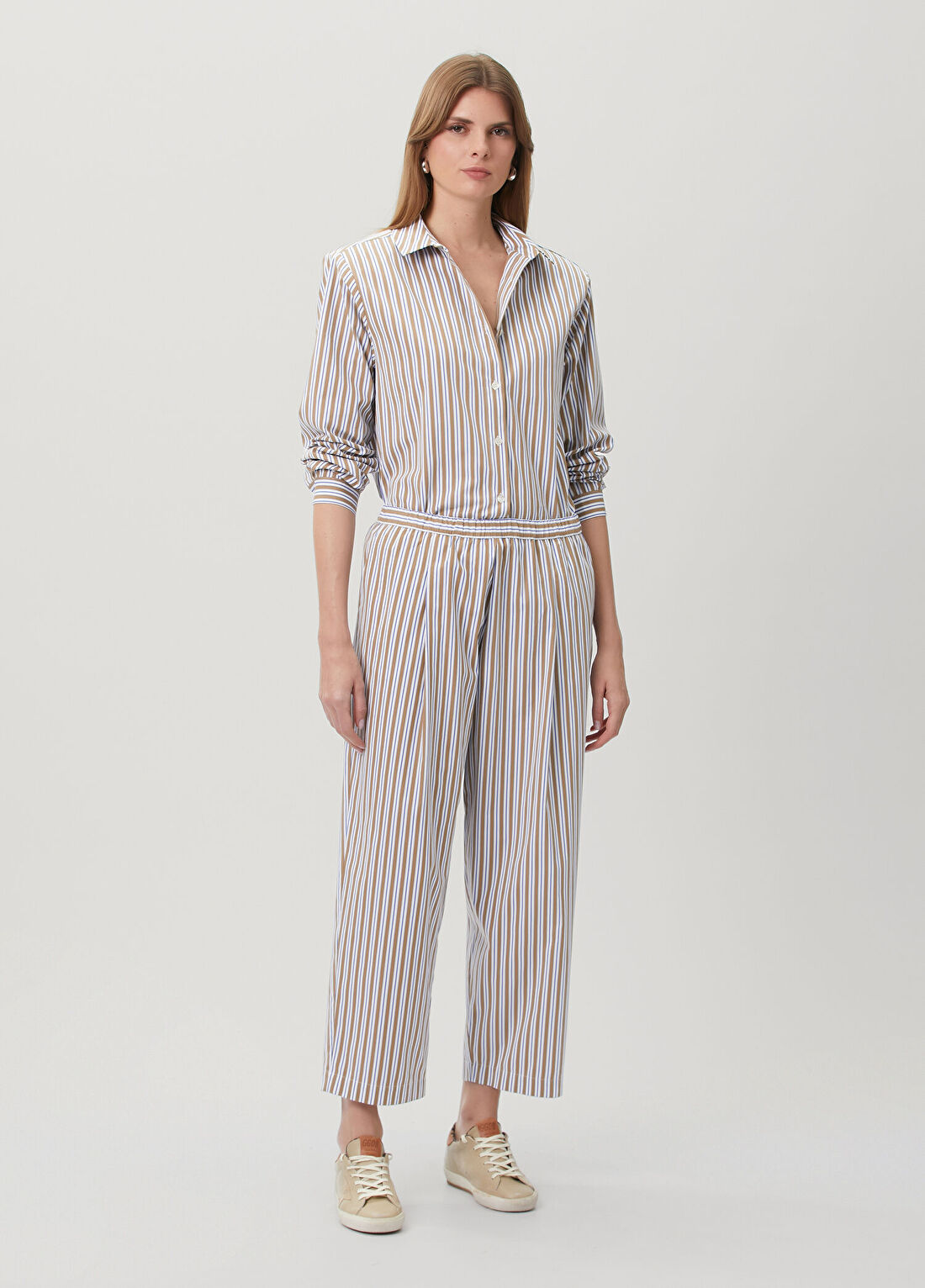 Amour et Naturel Kahverengi Çizgili Poplin Pantolon