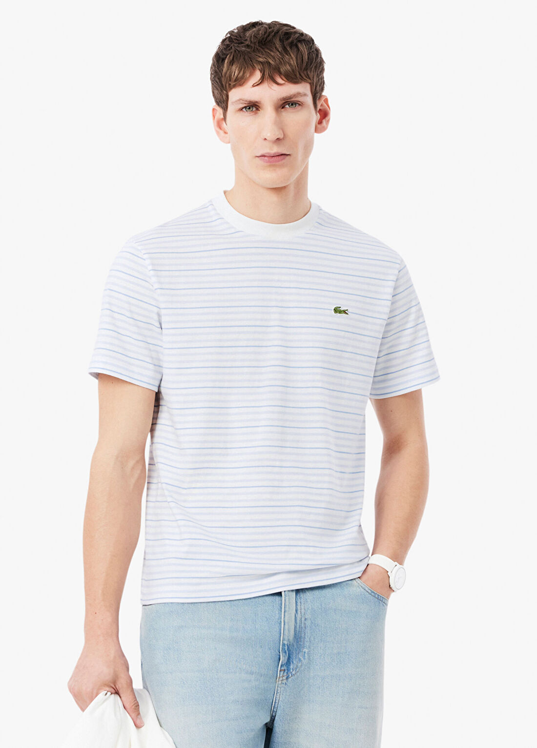 Lacoste Beyaz Çizgili Classic Fit Bisiklet Yaka Kısa Kollu Erkek T-Shirt