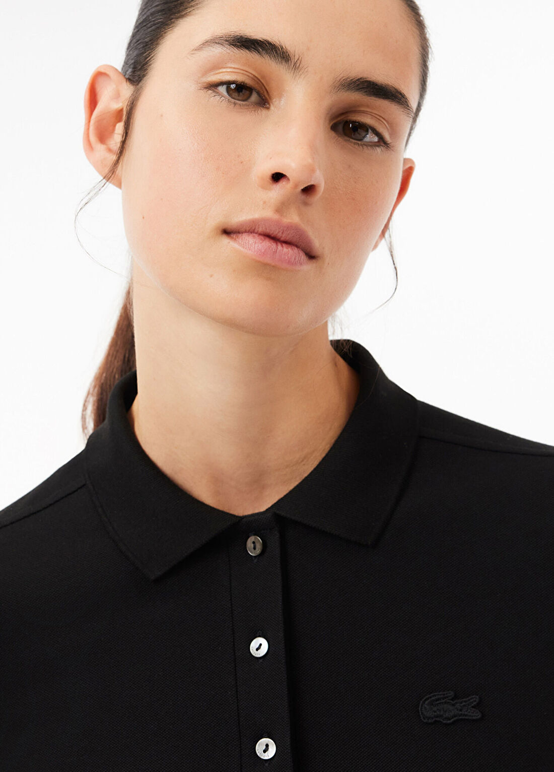 Lacoste Siyah Polo Yaka Slim Fit Uzun Kollu Kadın T-shirt görsel 2