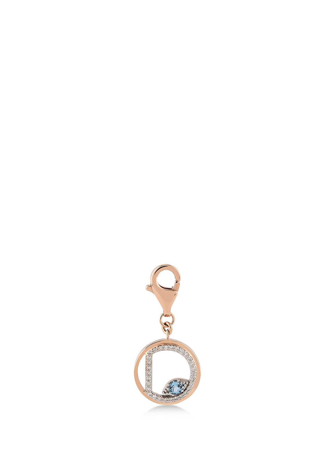Meri Krutzo Mini “D” Harfli Charm Pırlanta Mavi Topaz Taşlı 14 Ayar Pembe Altın