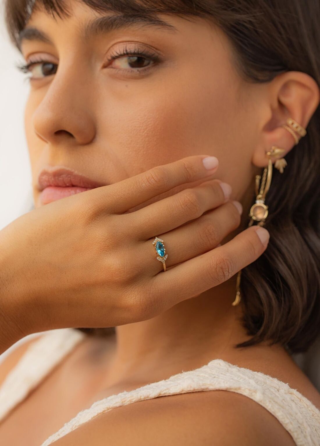 The Anoukis Eye of Sauron Ring Diamond and Aquamarine 14 Ayar Yellow Gold Kadın Altın Yüzük görsel 3