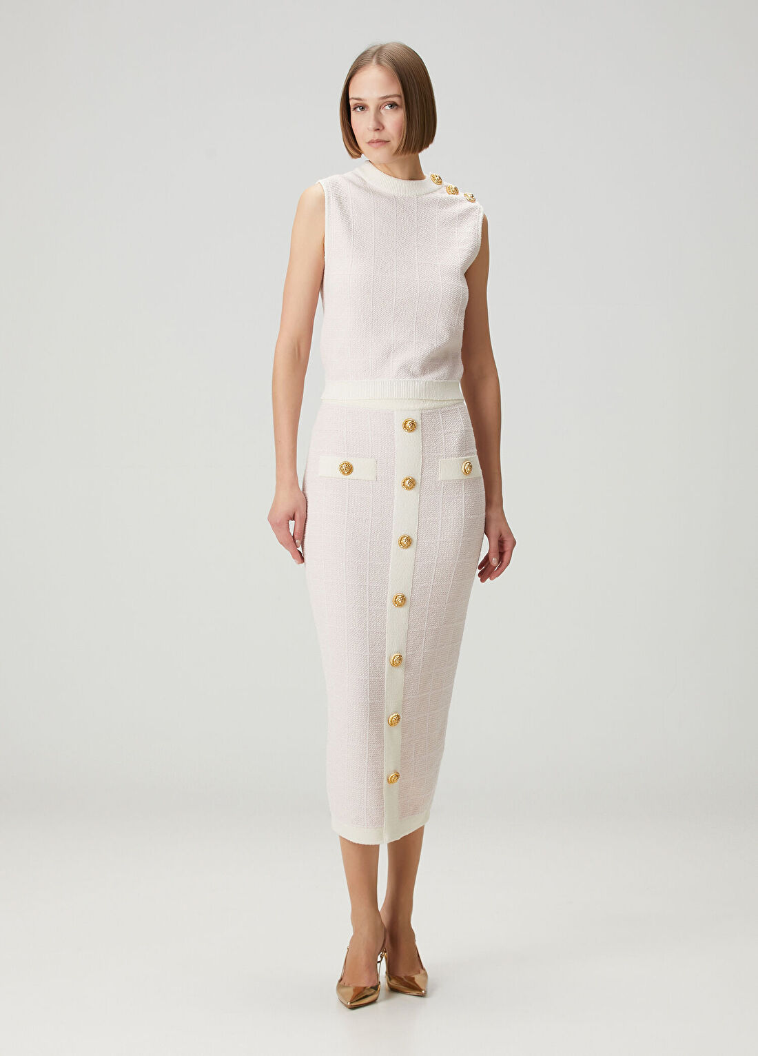 Balmain Pembe Beyaz Midi Tweed Etek
