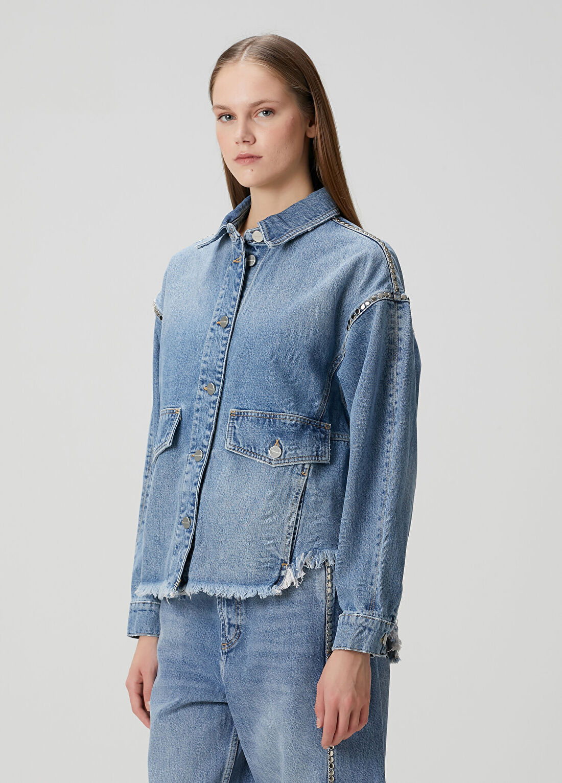 AllSaints Hettie Mavi Troklu Denim Ceket görsel 3