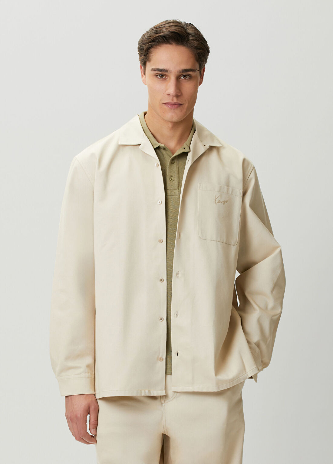 Kenzo Signature Bej Logo Nakışlı Oversized Gömlek