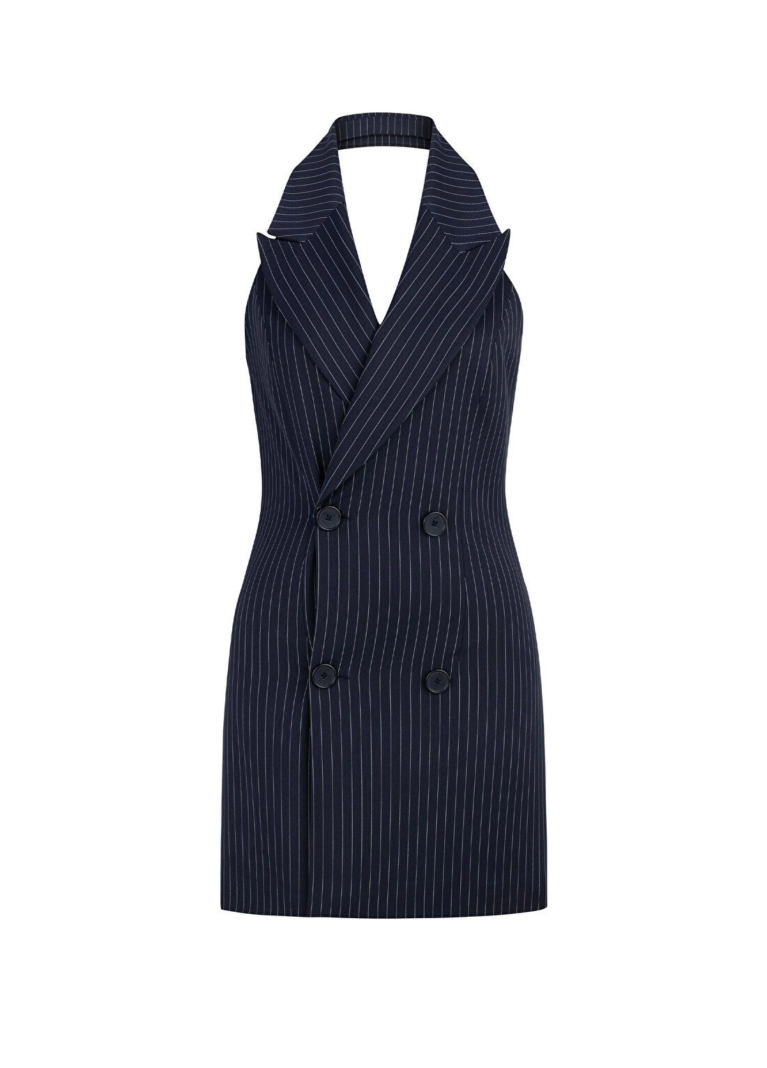 Feel The Lotus Samantha Deep Sea Blue White Çizgili Kruvaze Kolsuz Kadın Mini Elbise