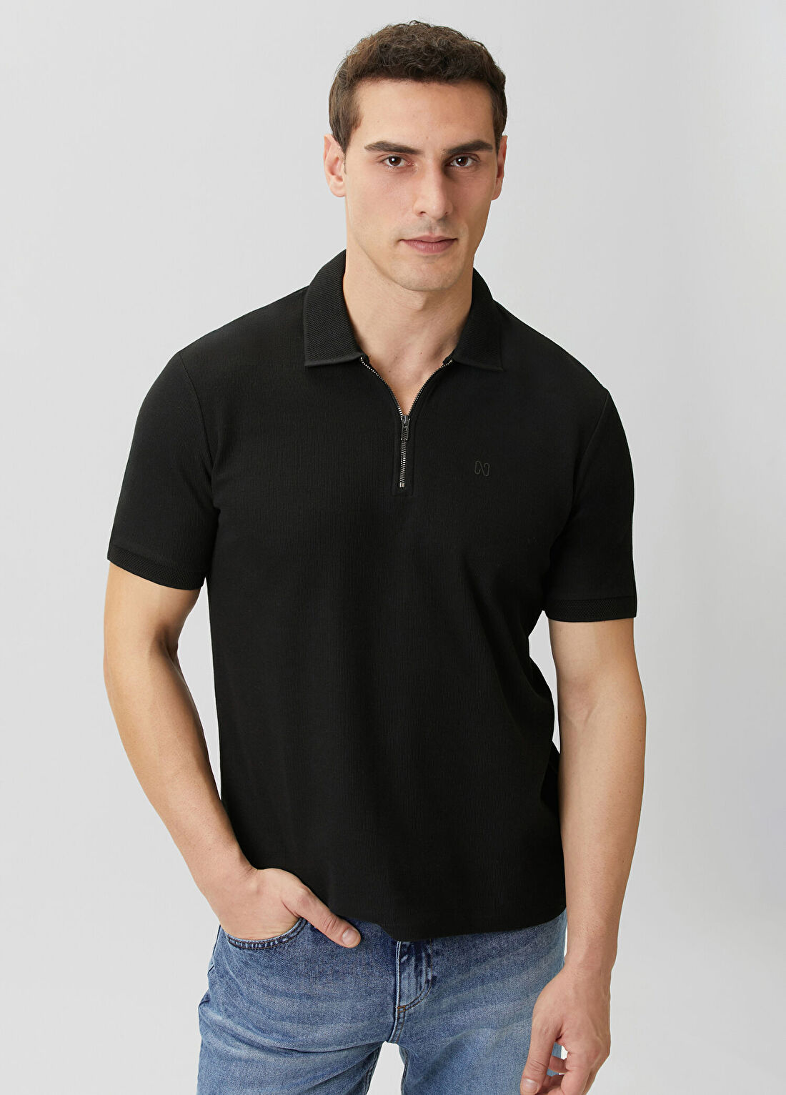 Network Siyah Fermuarlı Polo Yaka Jakarlı T-shirt