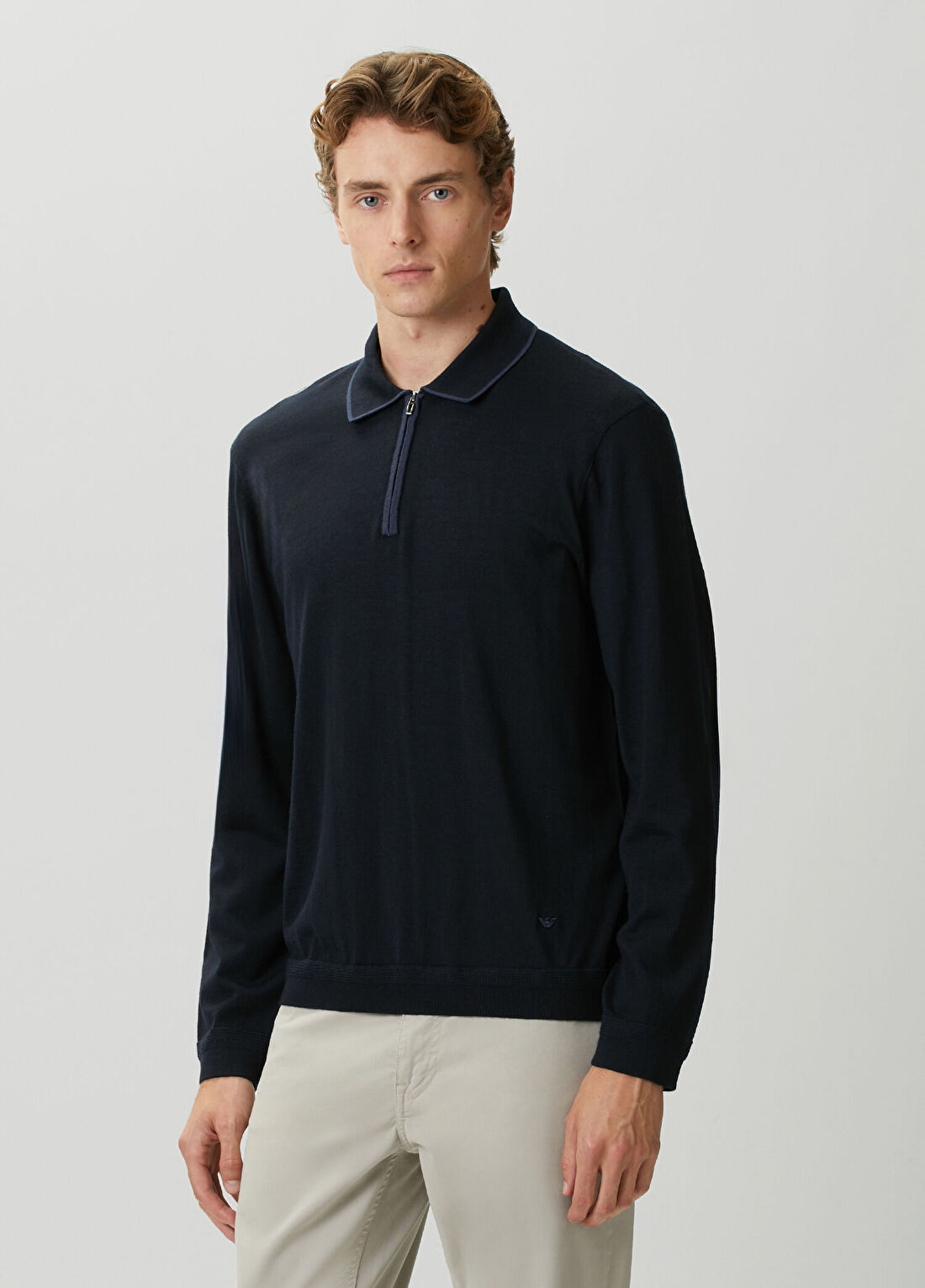Emporio Armani Lacivert Polo Yaka Yün Triko görsel 3