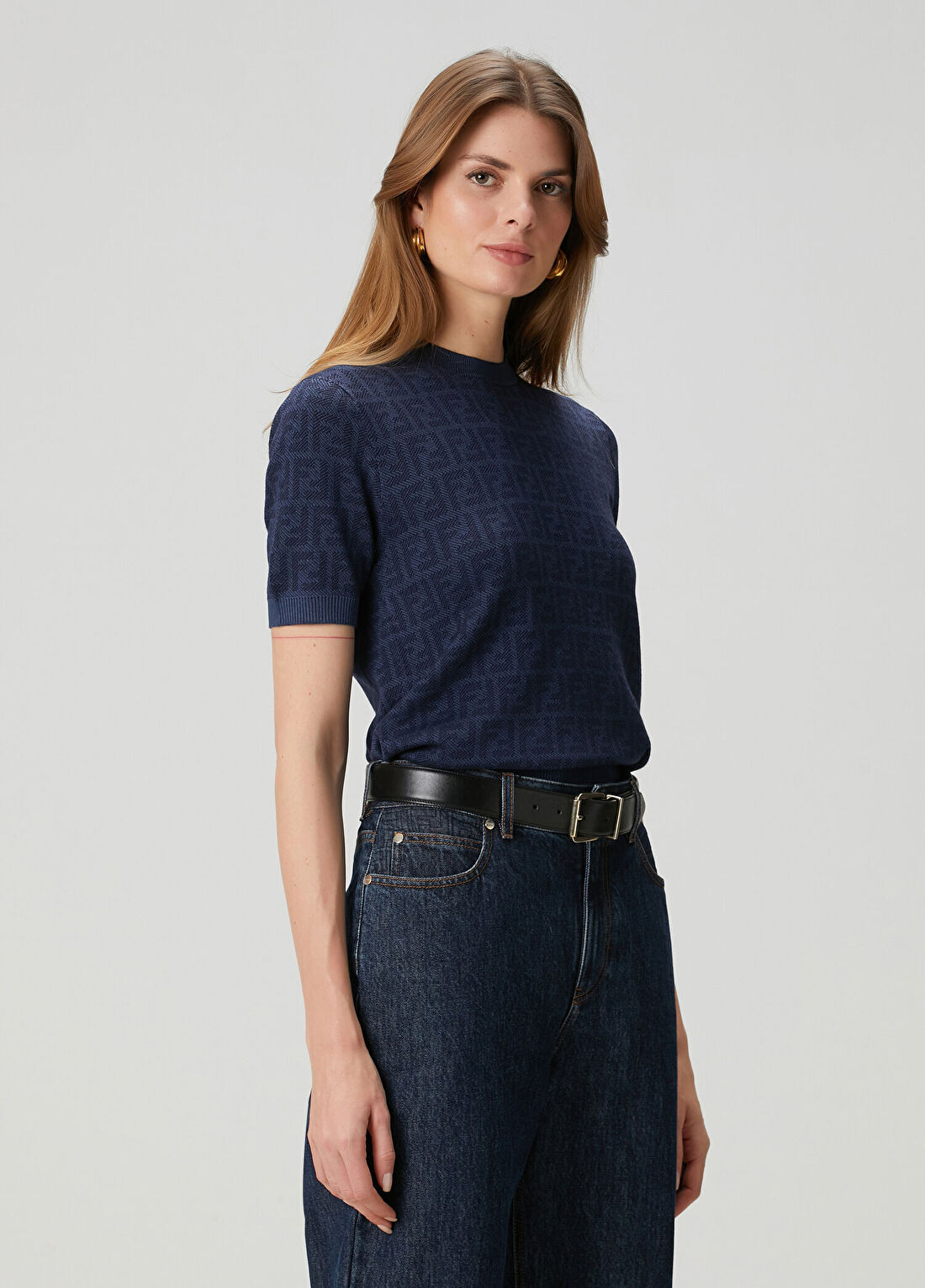 Fendi Lacivert Logo Motifli Yün Triko