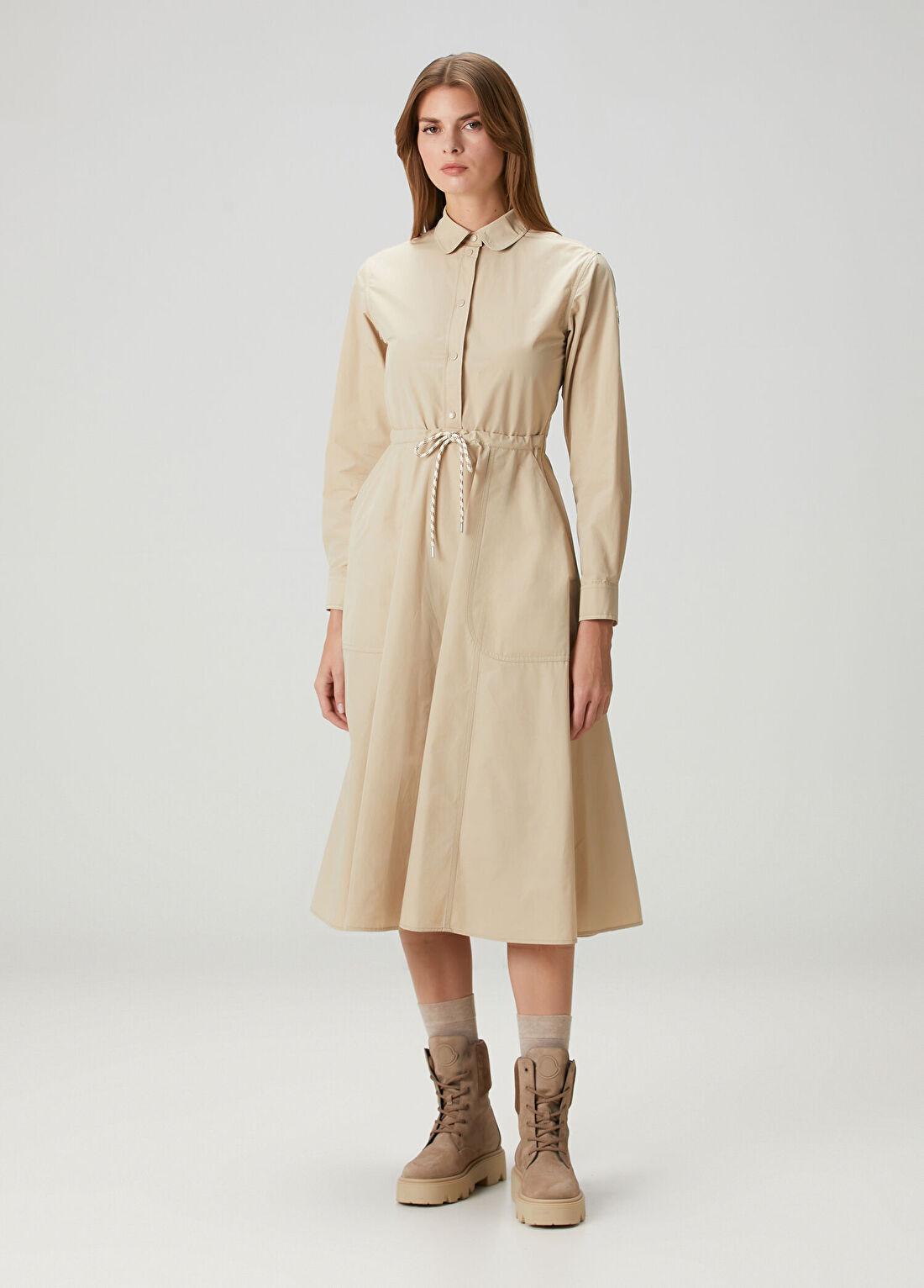 Moncler Bej Midi Poplin Gömlek Elbise