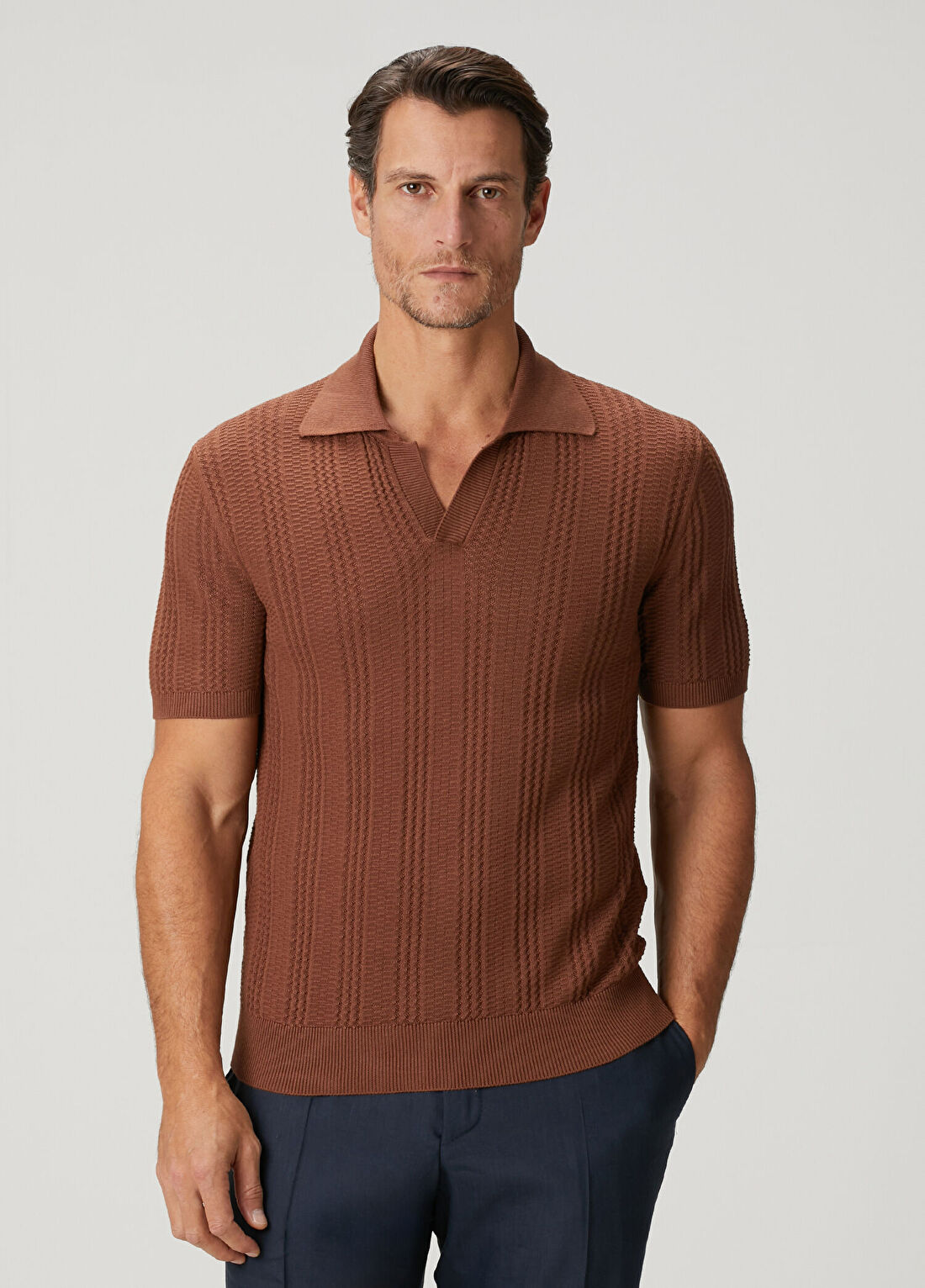 Canali Kahverengi Polo Yaka Kısa Kollu Triko