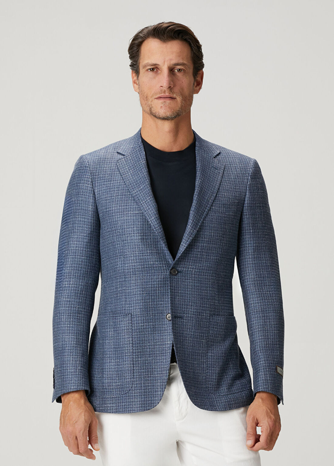 Canali Lacivert Tweed Dokulu Yün Ceket
