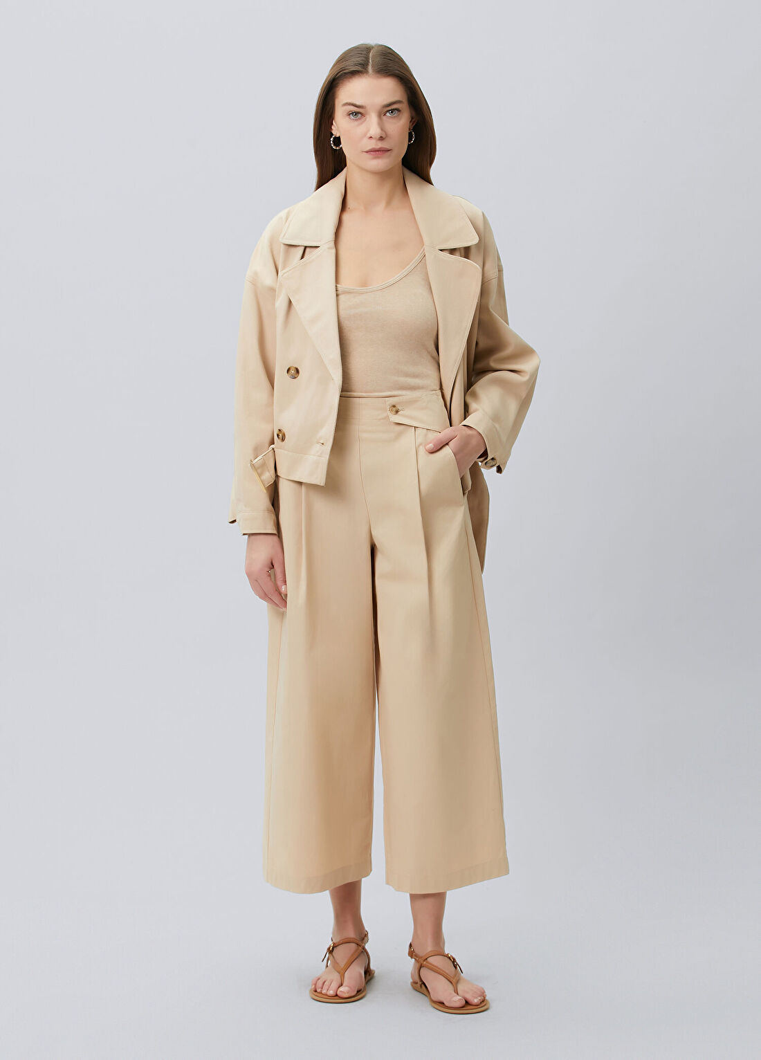 Beymen Collection Bej Pileli Wide Leg Koton Pantolon
