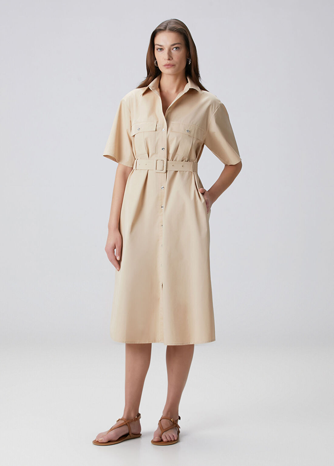 Beymen Collection Bej Kemerli Midi Koton Gömlek Elbise