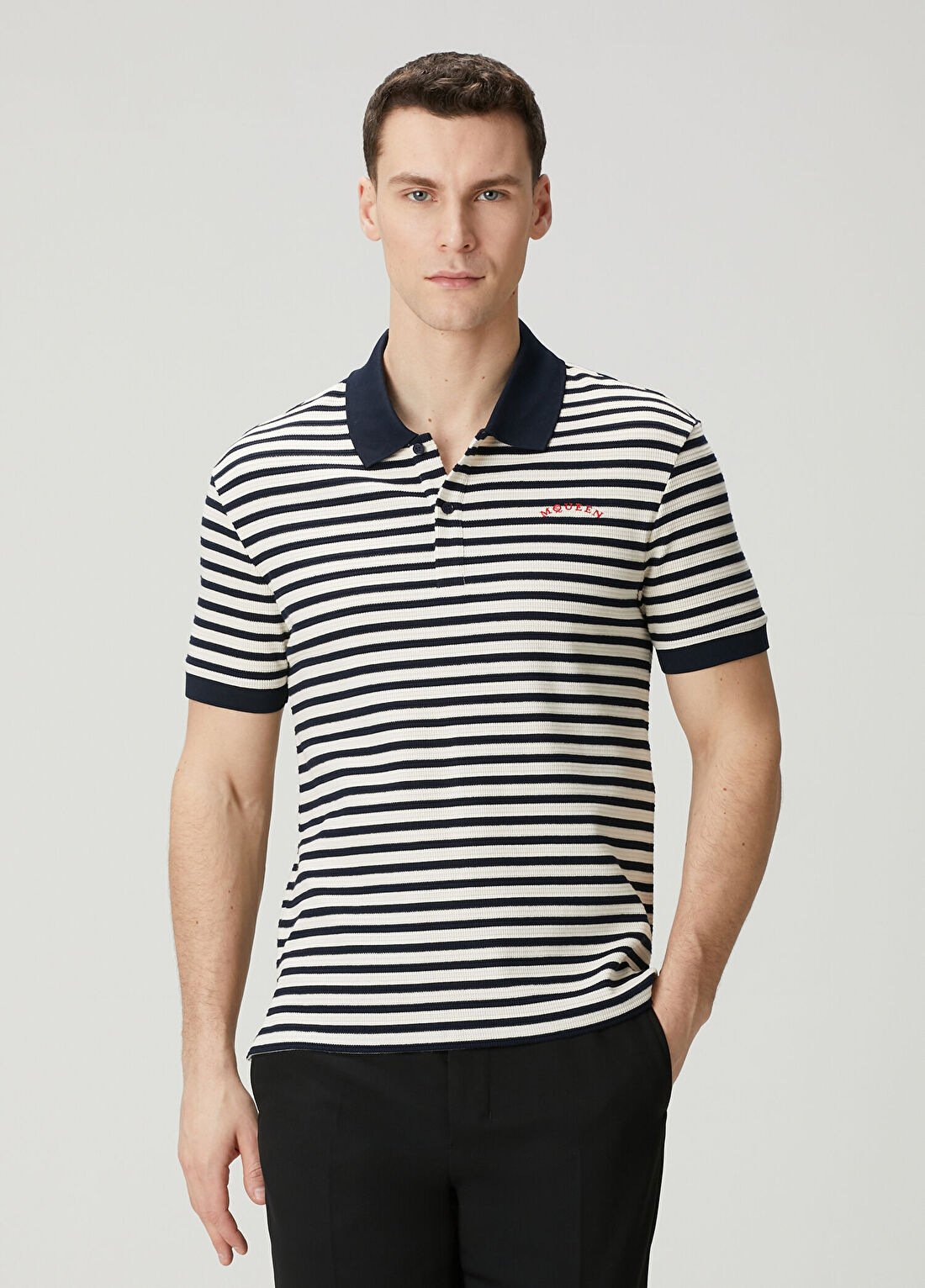 McQueen Lacivert Polo Yaka Çizgi Desenli T-shirt
