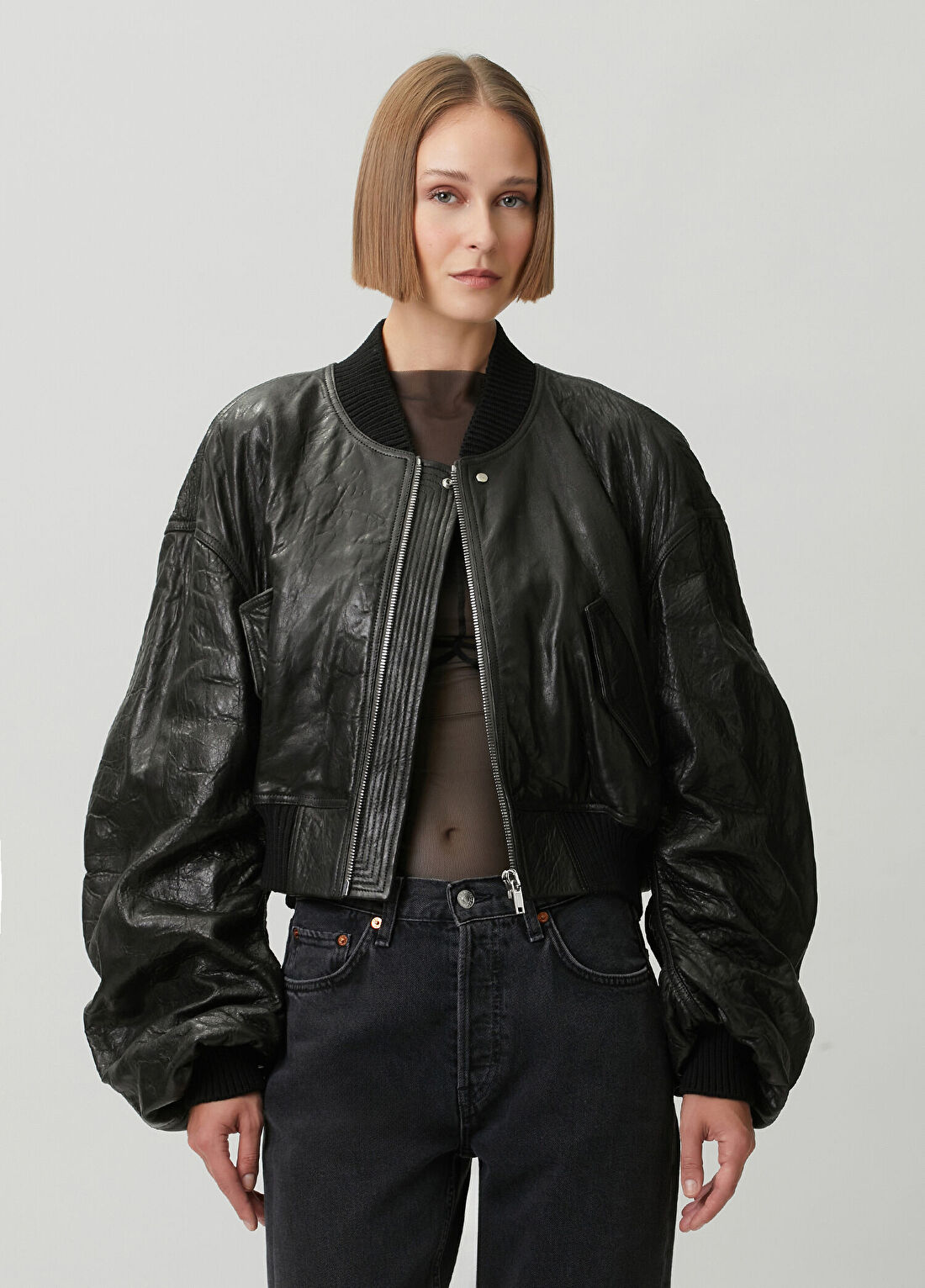 Rick Owens Secchia Siyah Crop Deri Bomber Ceket