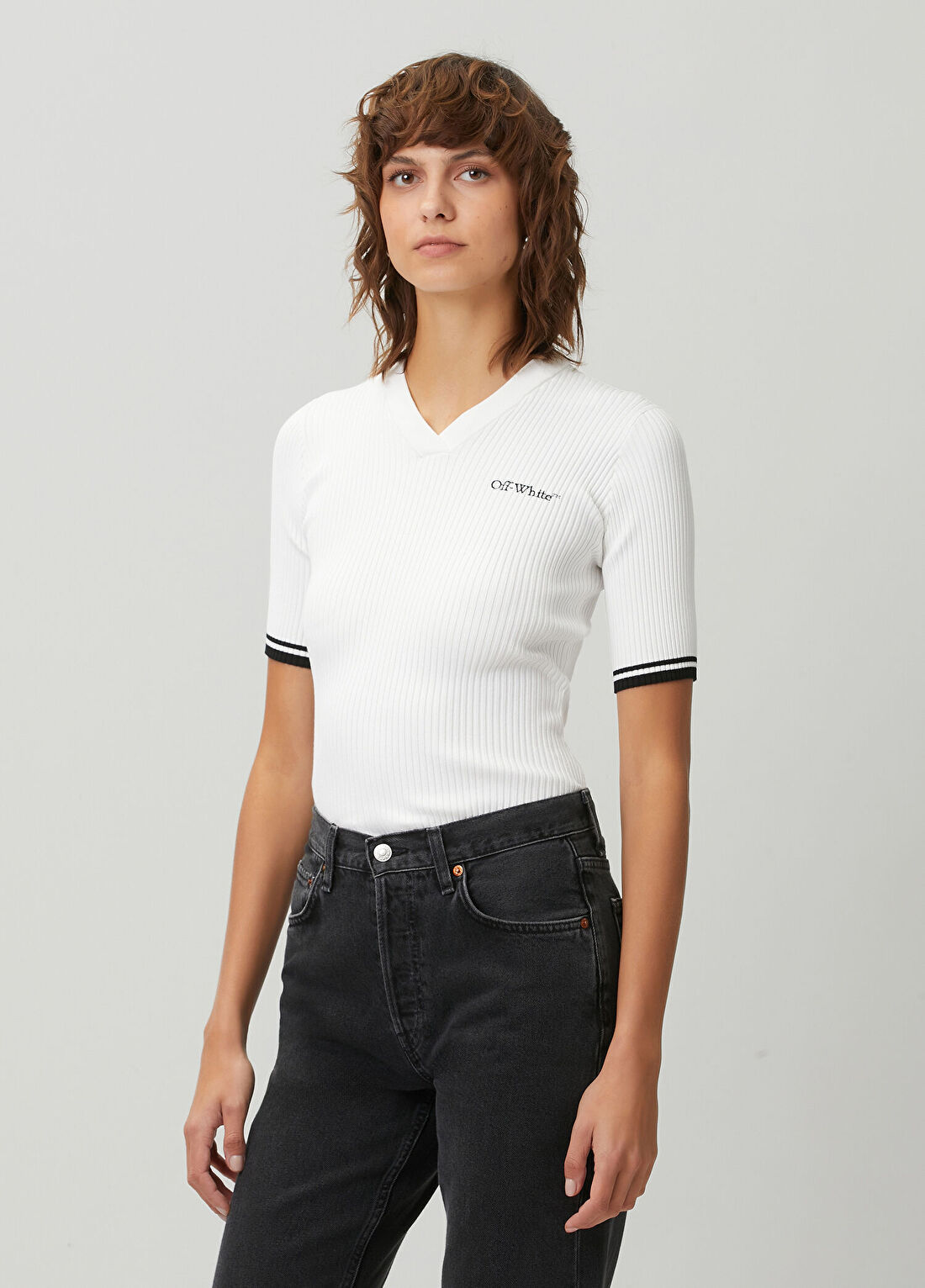 Off-White Beyaz Ribli Kısa Kol Triko