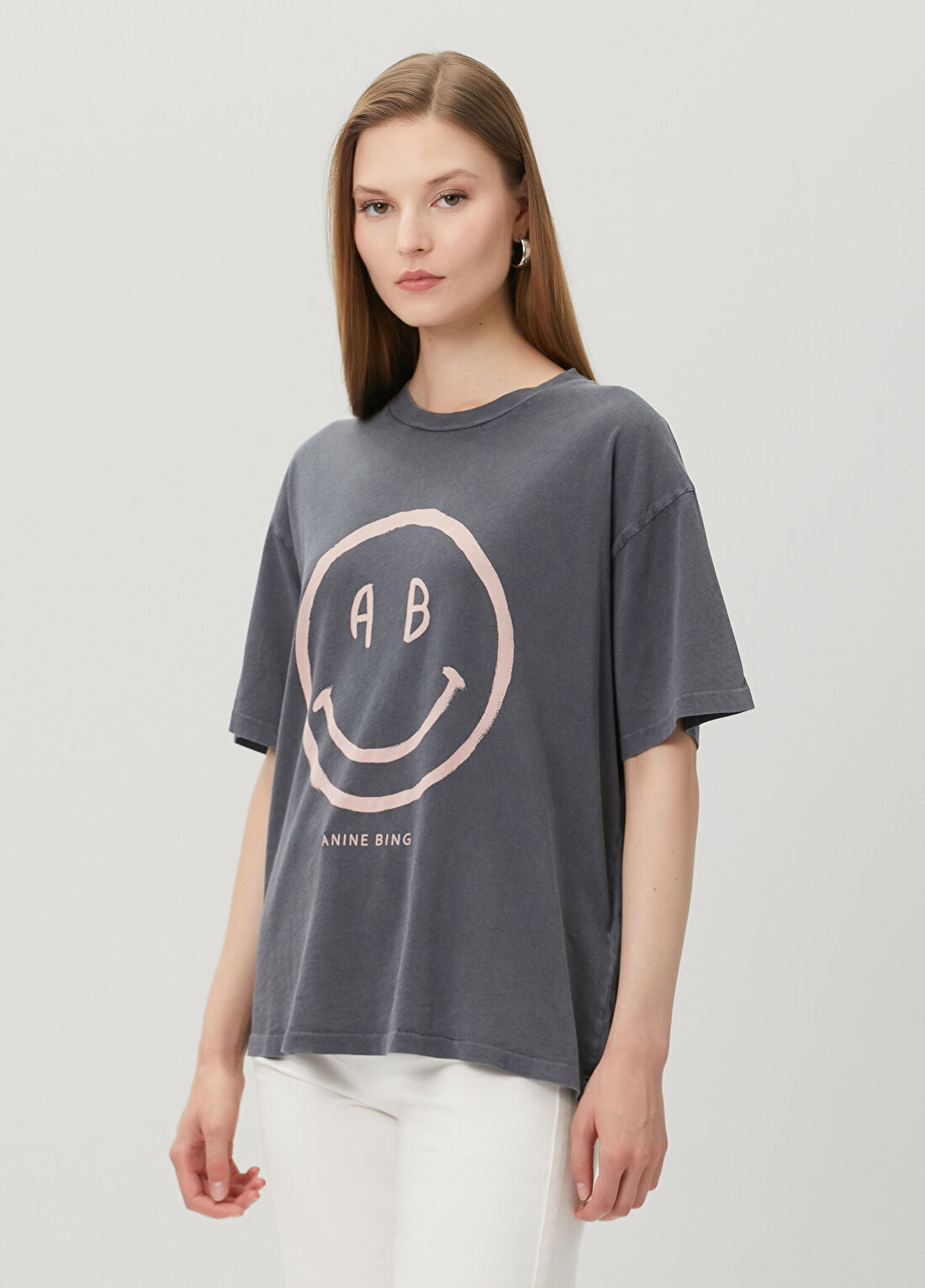 Anine Bing Wagner Smiley Gri Baskılı T-shirt
