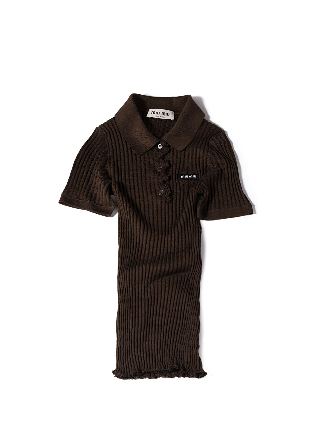 Miu Miu Kahverengi İpek Örme Polo Yaka Kısa Kollu Kadın T-shirt