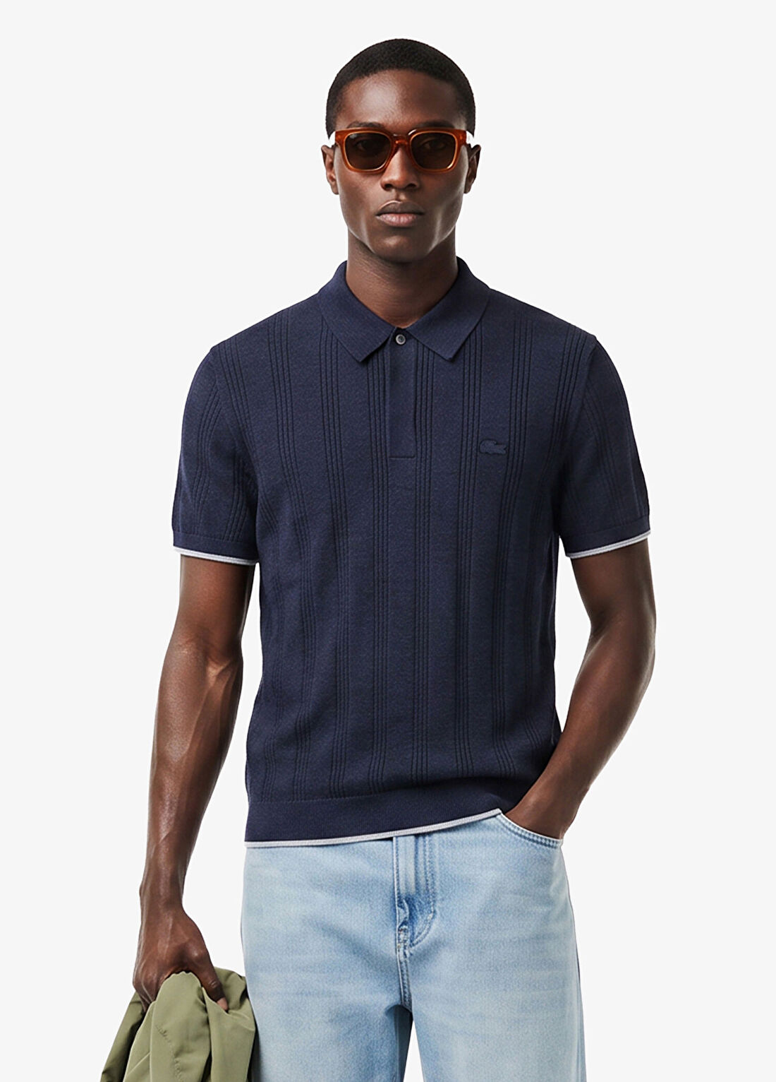 Lacoste Lacivert Desenli Regular Fit Polo Yaka Kısa Kollu Erkek Triko
