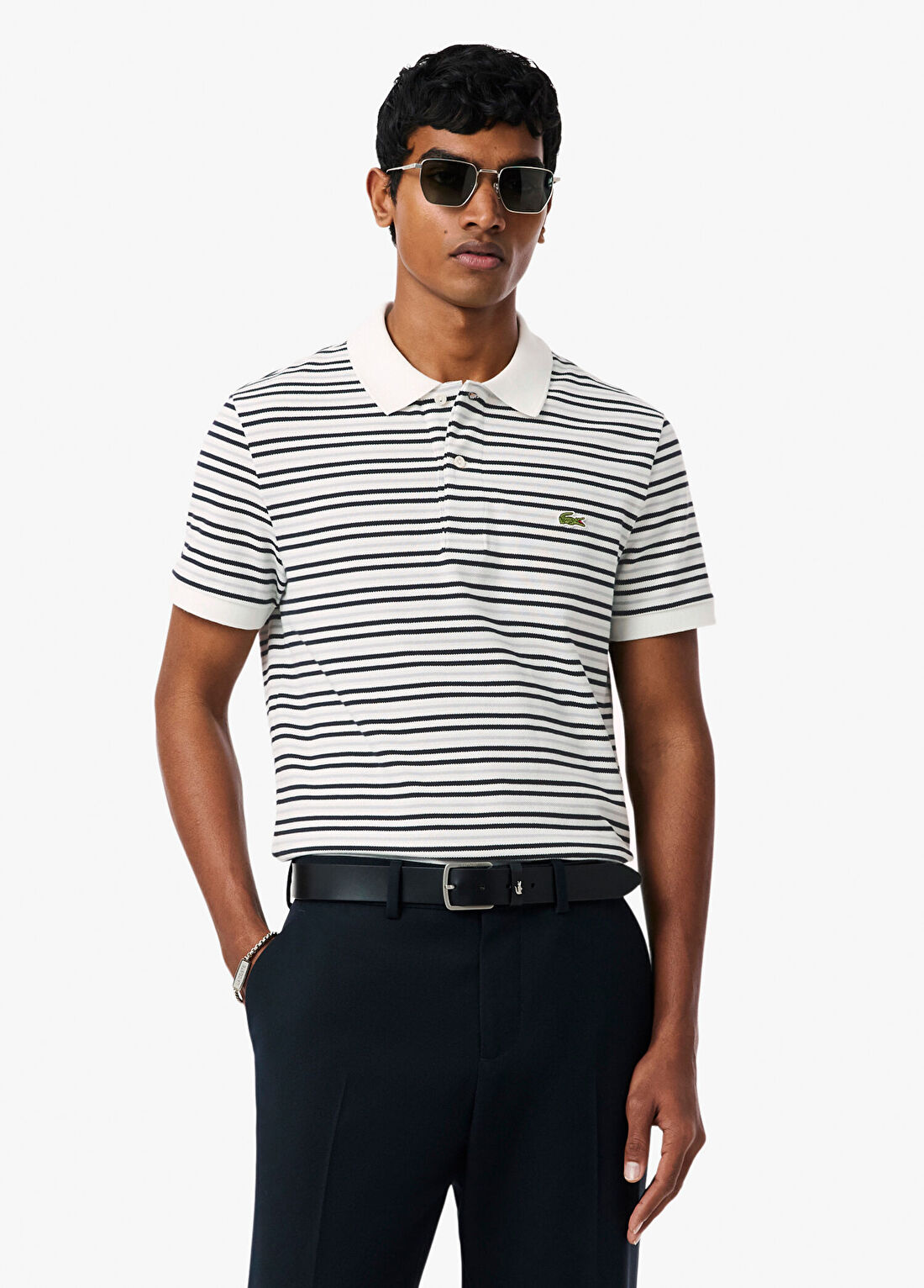 Lacoste Gri Çizgili Polo Yaka Classic Fit Kısa Kollu Erkek T-shirt