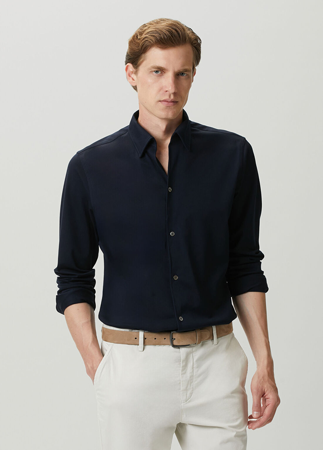 Beymen Collection Lacivert Açık Patlı Yaka Merserize Gömlek