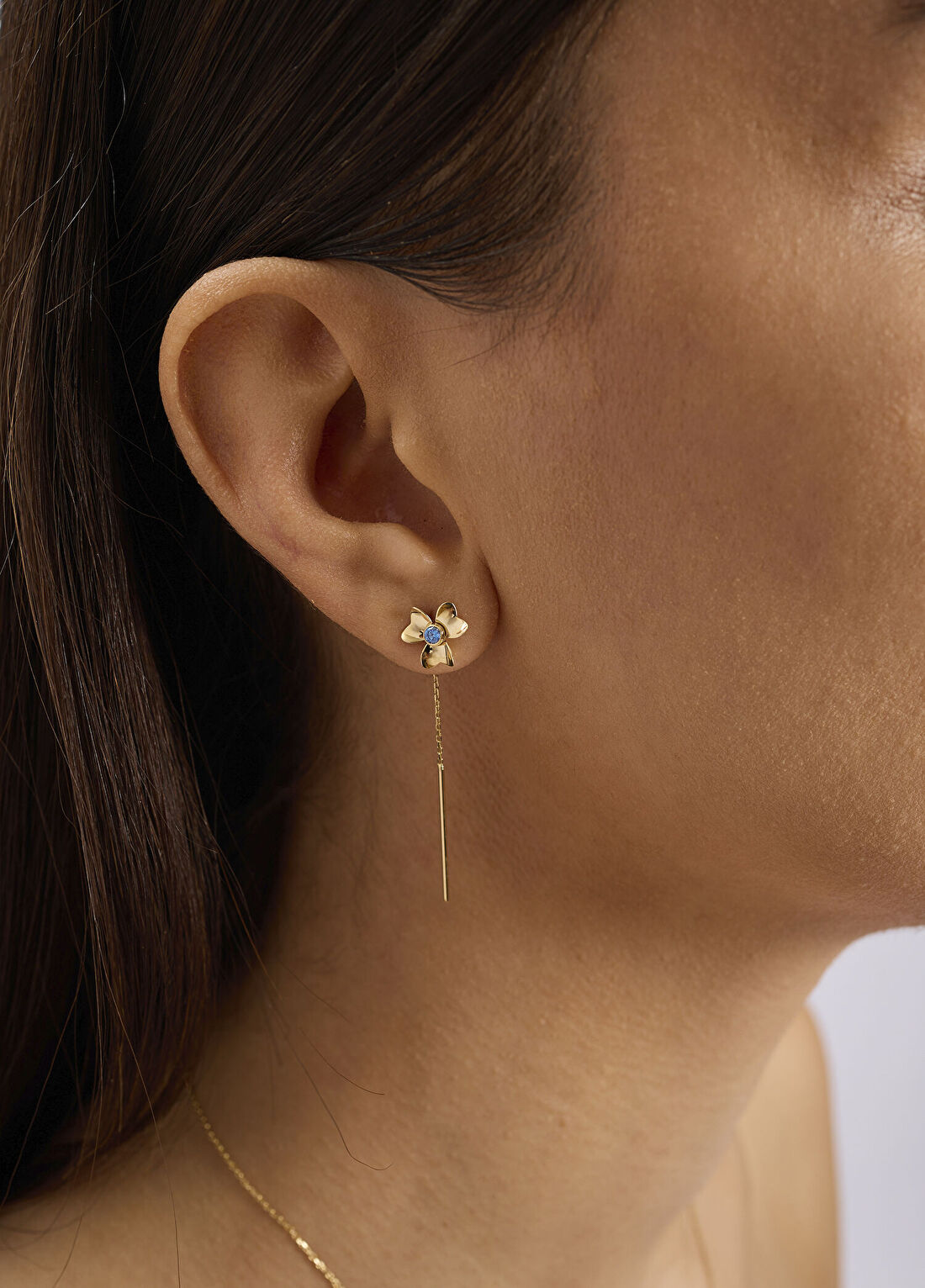 Orena Jewelry Blue Sapphire Daisy 14 Ayar Altın Kadın Küpe görsel 3