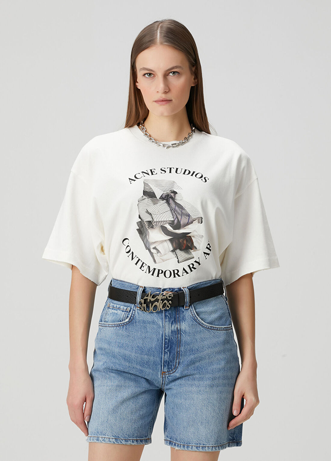 Acne Studios Relaxed Fit Kırık Beyaz Baskılı T-shirt