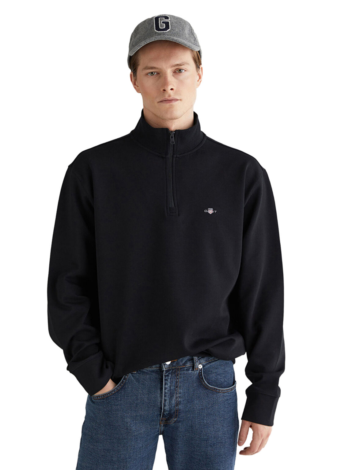 Gant Siyah Relaxed Fit Yarım Fermuarlı Erkek Sweatshirt