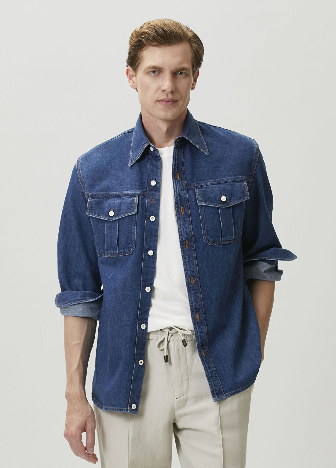 Isaia Koyu Mavi Denim Dış Gömlek