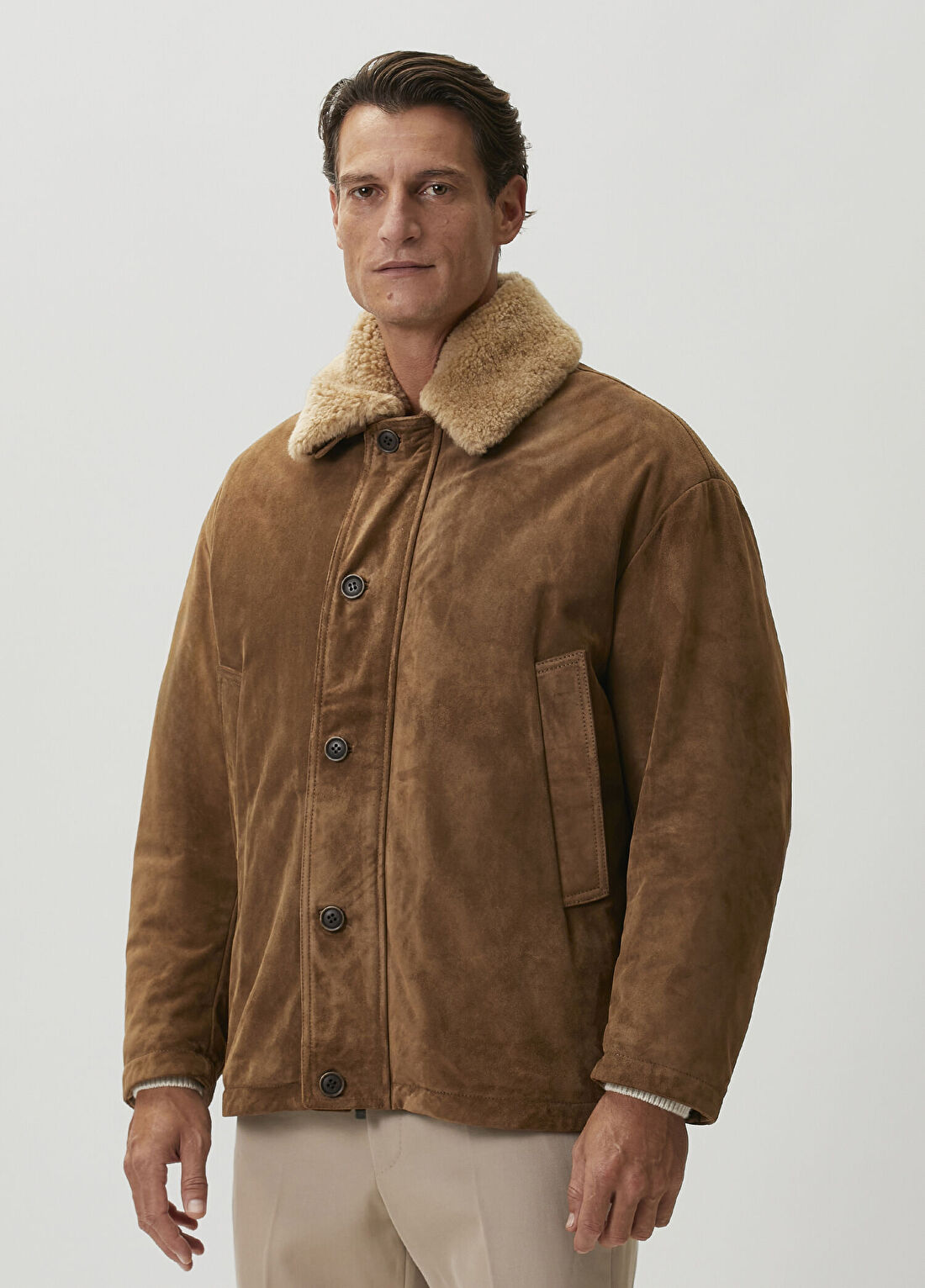 Salvatore Santoro Taba Shearling Yaka Süet Mont görsel 3