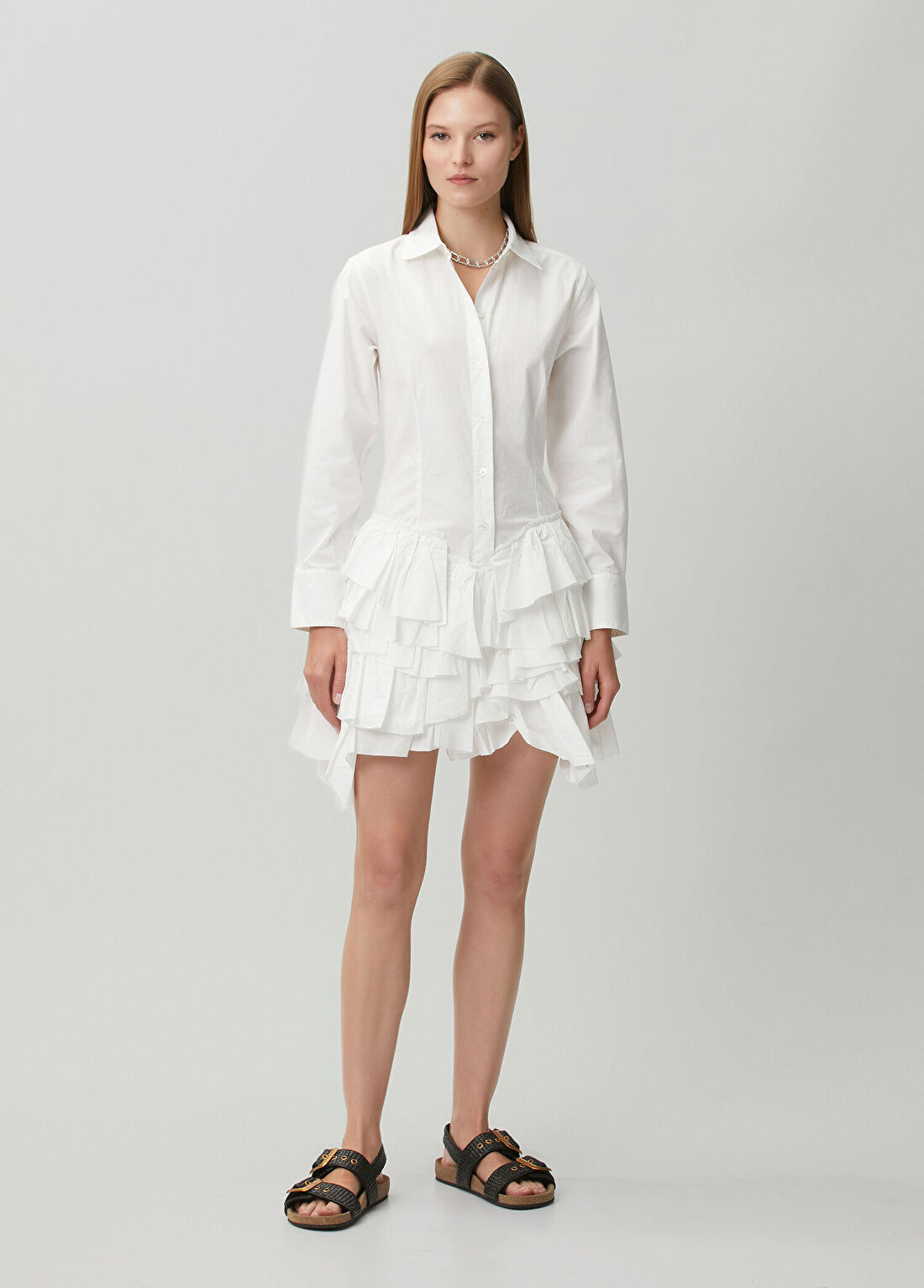 AllSaints Kristi Beyaz Fırfırlı Mini Gömlek Elbise