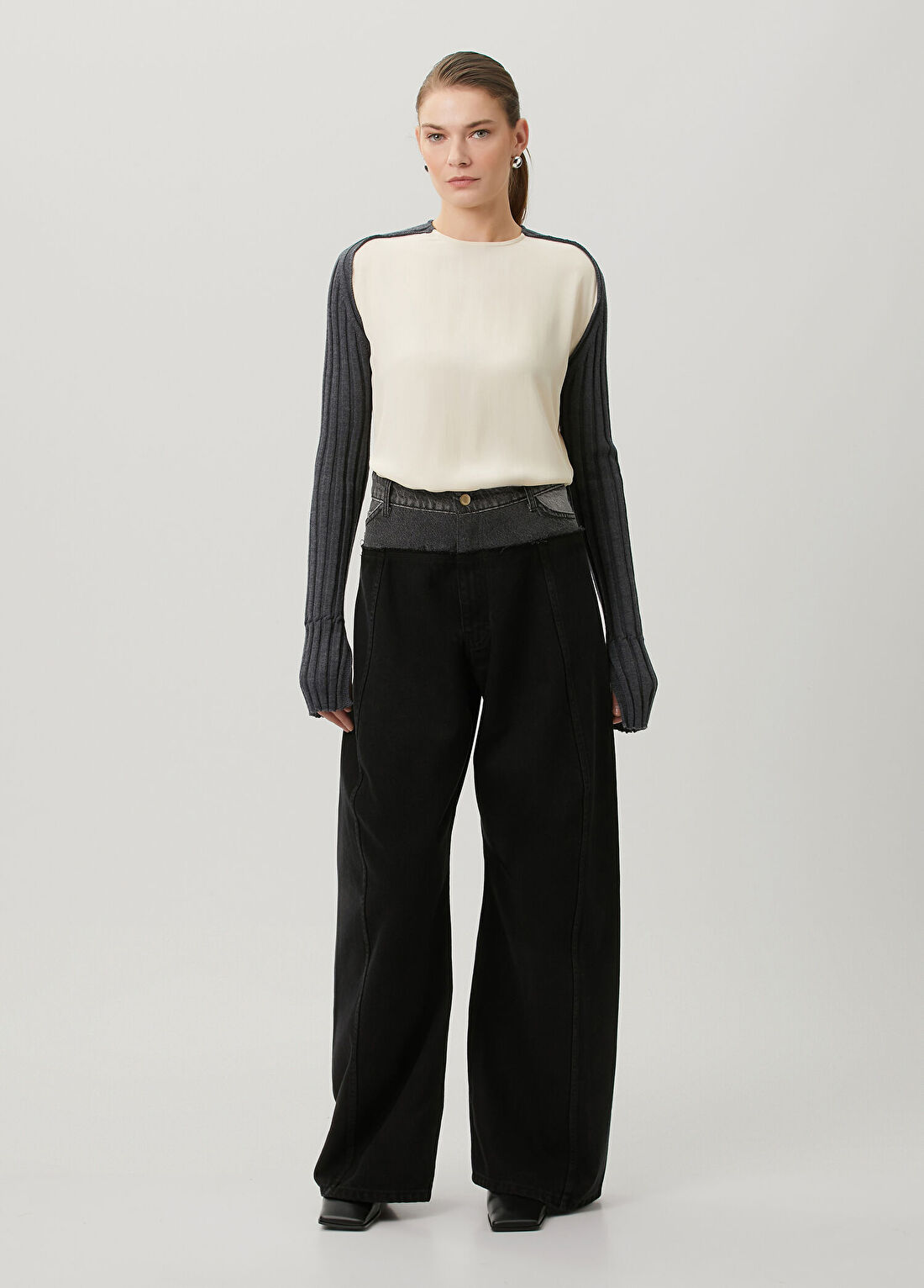 Litkovska Siyah Gri Wide Leg Jean Pantolon